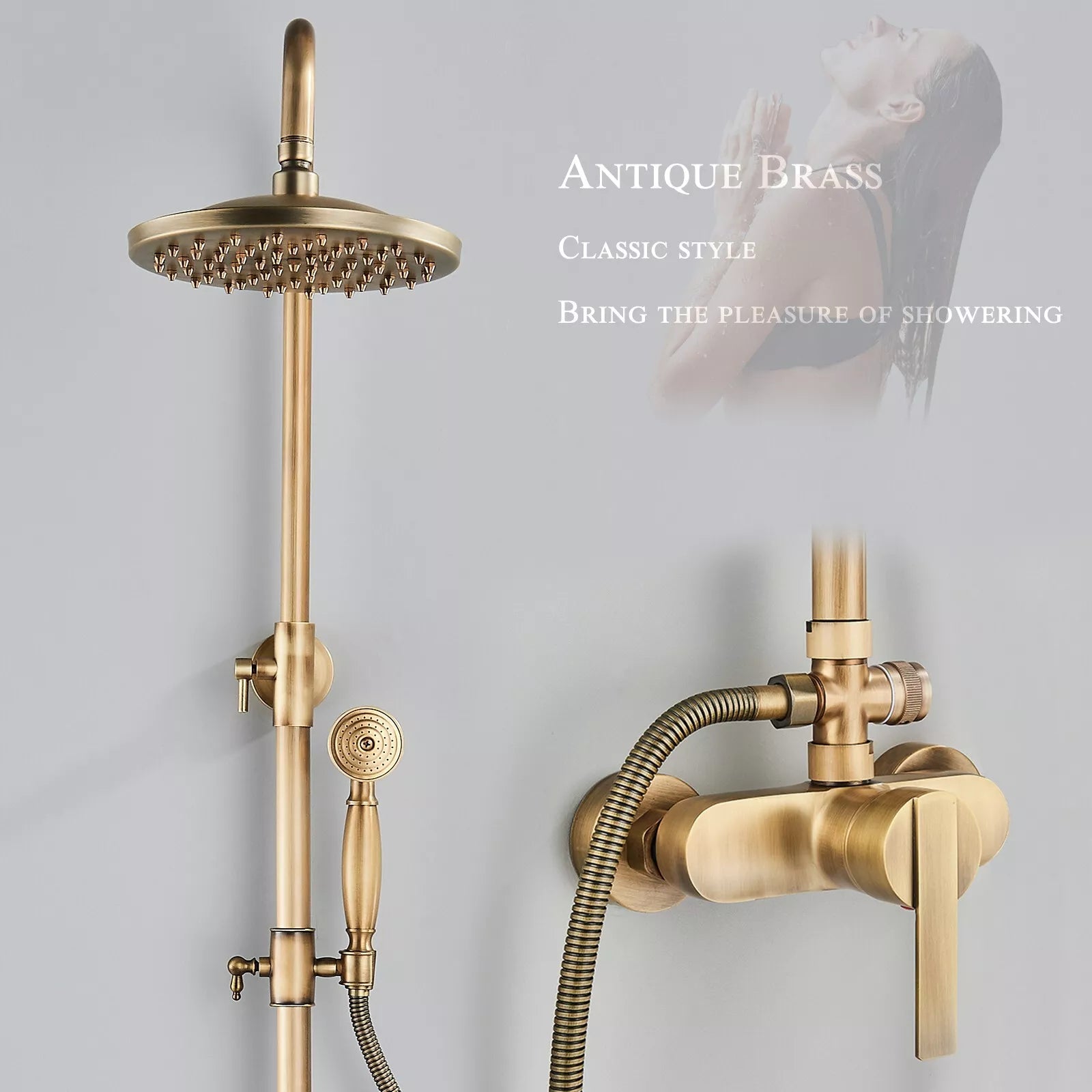 Aquari Antique Brass Exposed Shower Set with 8" Rain Head & Handheld