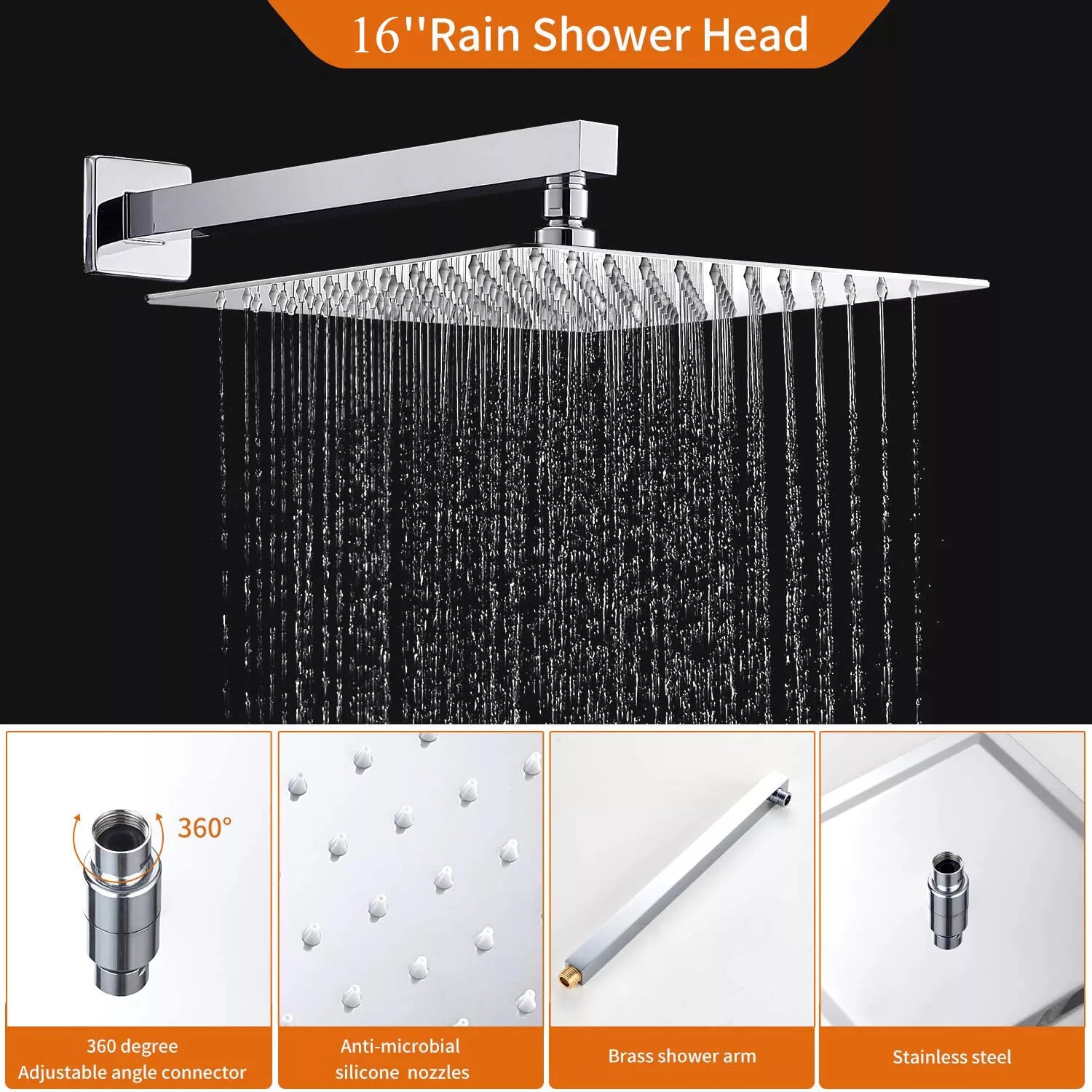 Aquari Chrome Concealed 3-Way Shower Set with 16" Square Rainfall Head & Twin Outlet