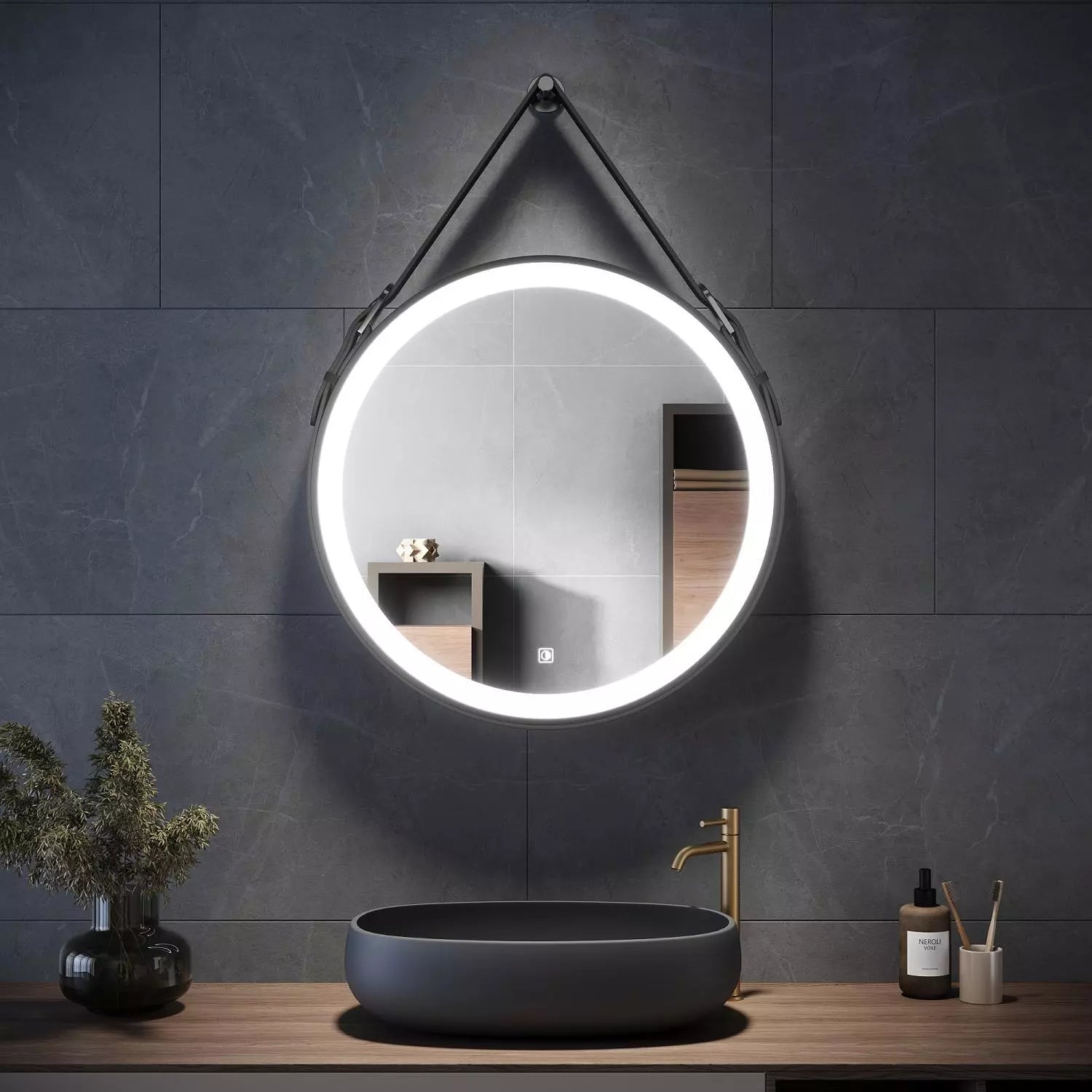 Velora Round 600mm LED Mirror with Black Leather Strap – Tri-Colour Light, Dimmable, Touch Sensor, Memory Function