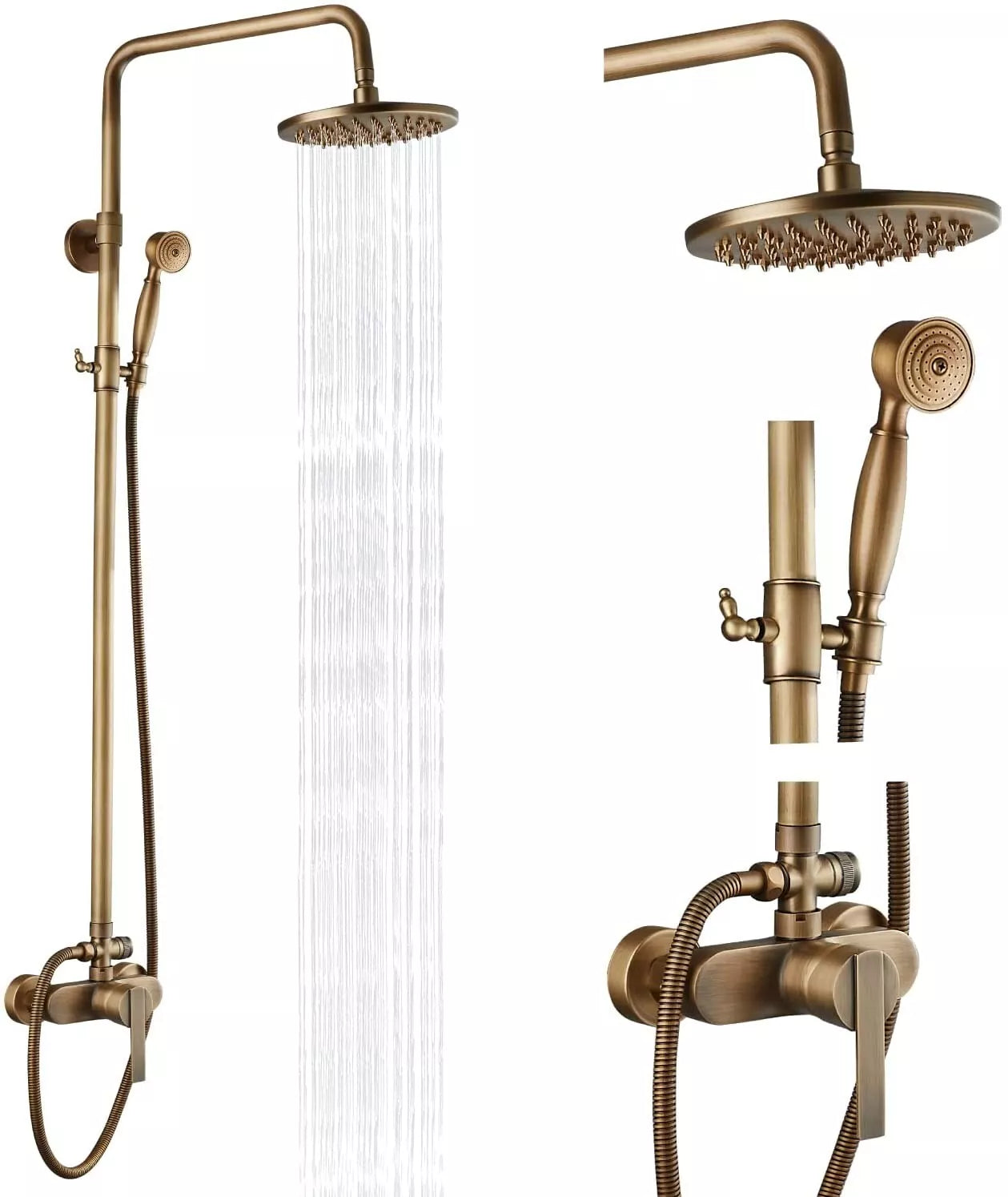 Aquari Antique Brass Exposed Shower Set with 8" Rain Head & Handheld