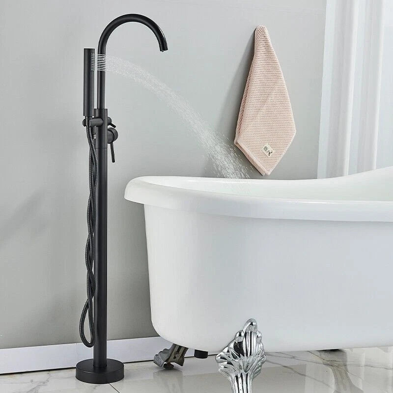 Drexon Matt Black Round Freestanding Bath Mixer Tap with Hand Shower – Dual Handle Floor Standing Filler