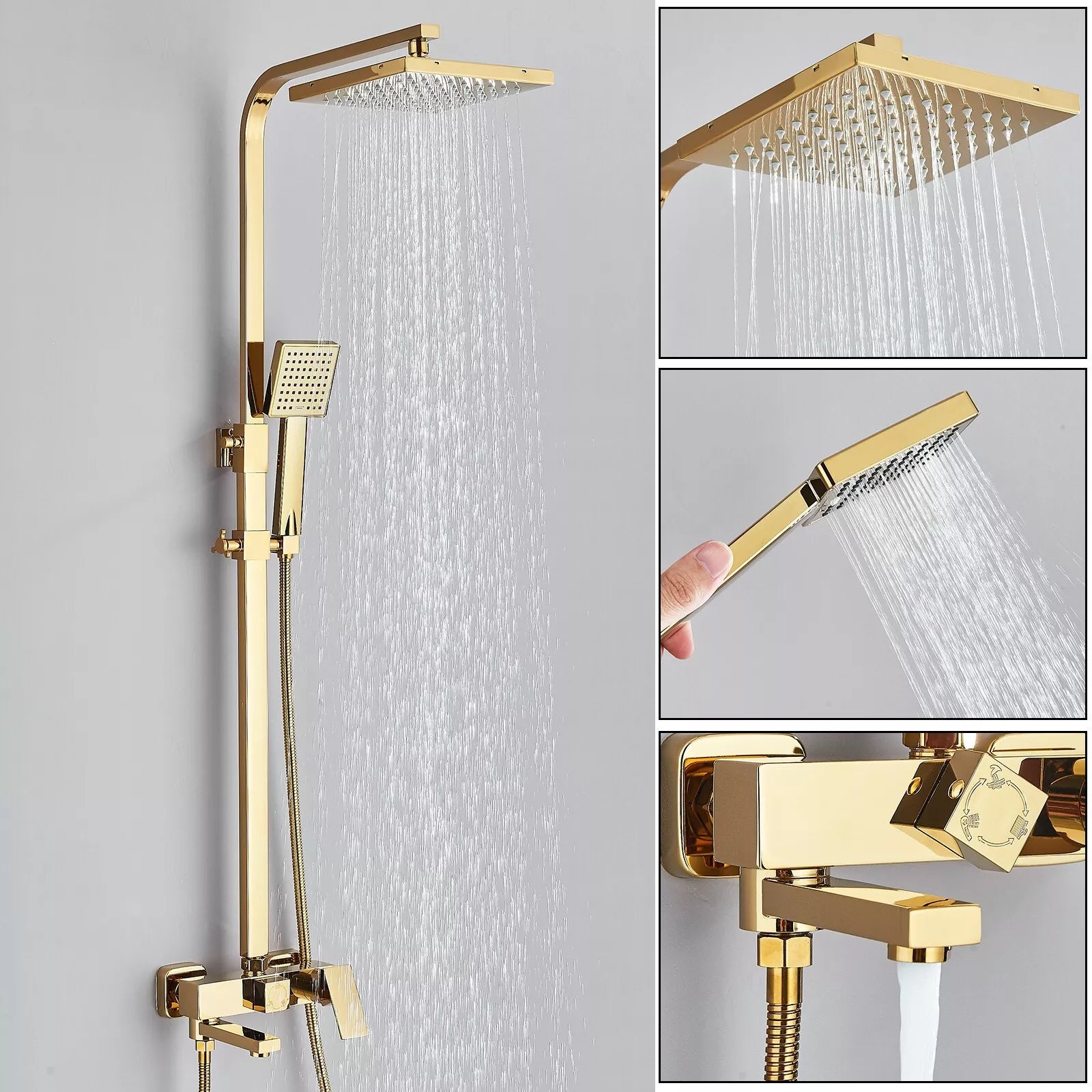 Aquari Gold Thermostatic Shower Set with Bath Filler – Twin Square Head & Mixer Valve, Wall Mounted