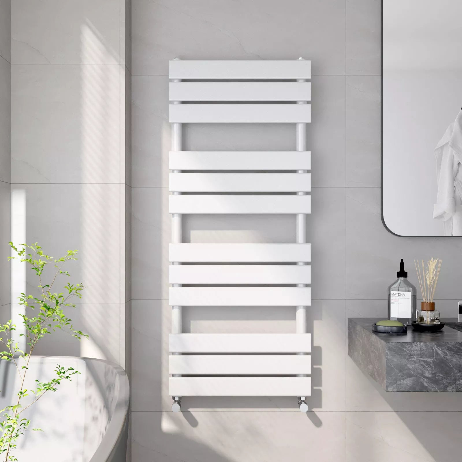 Arvani 1000x500mm White Heated Towel Rail – Flat Panel, Gloss Finish