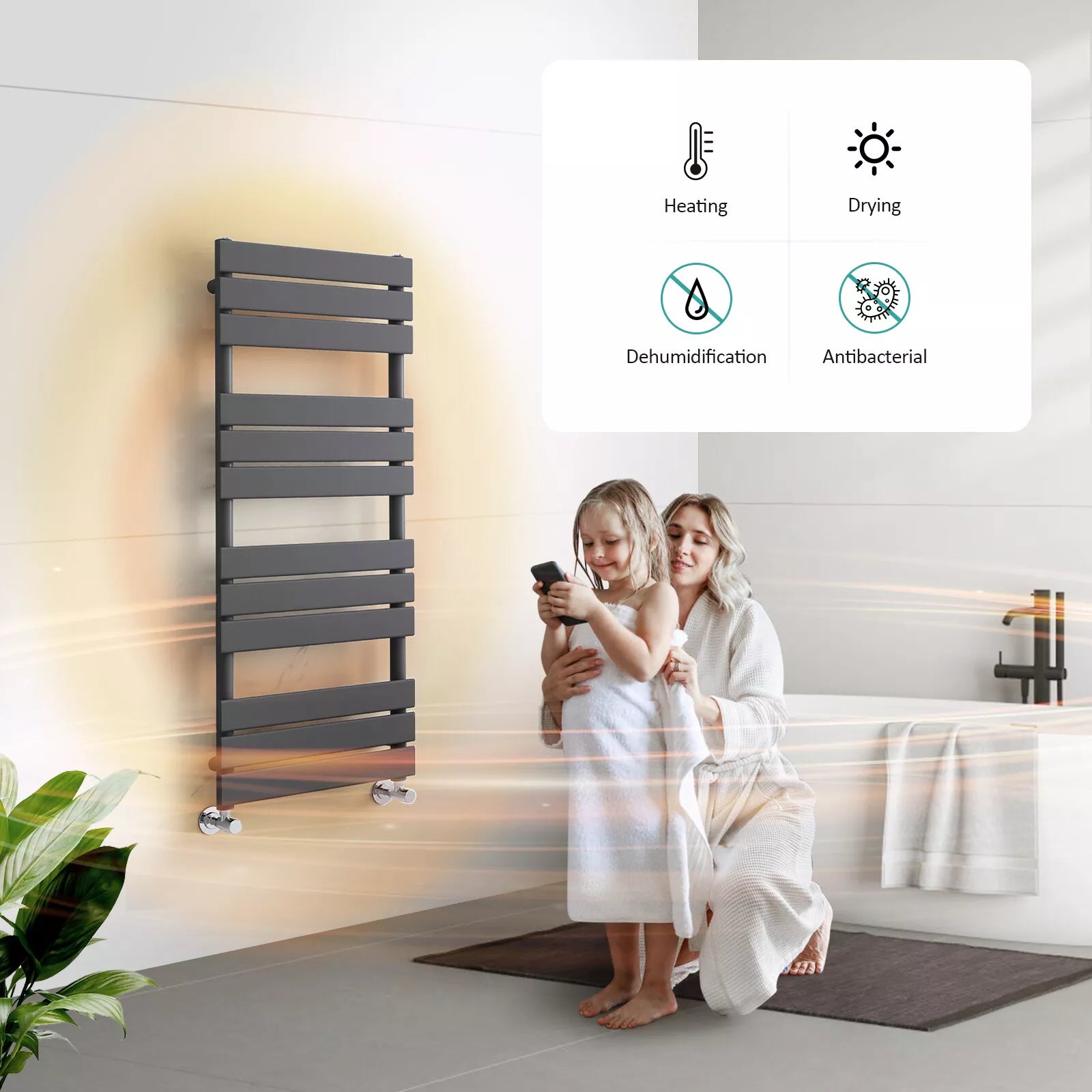 Arvani 1000x500mm Black Heated Towel Rail – Flat Panel, Vertical Mount, Matt Finish