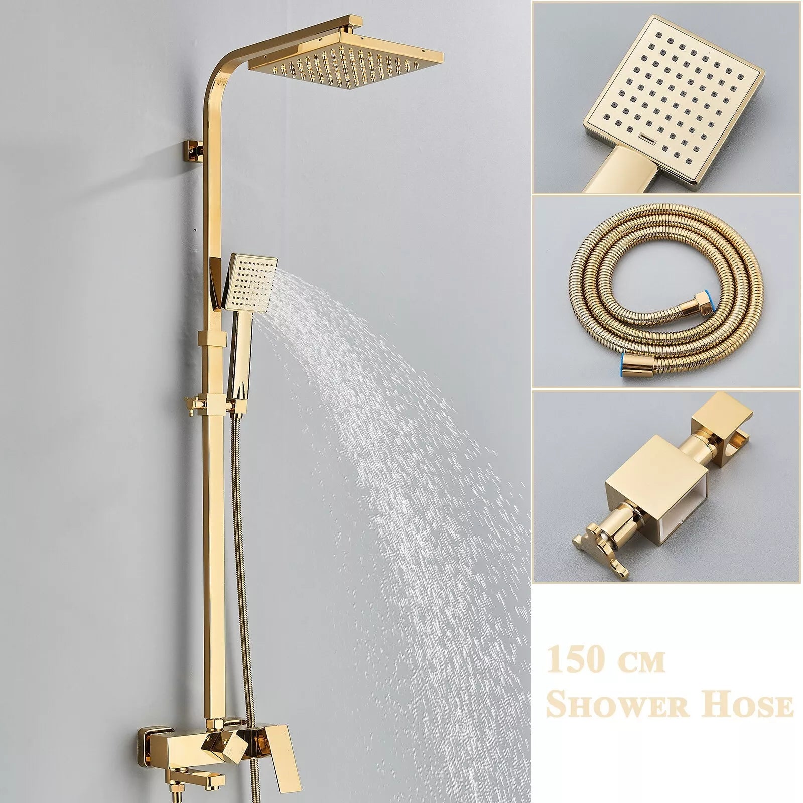 Aquari Gold Thermostatic Shower Set with Bath Filler – Twin Square Head & Mixer Valve, Wall Mounted