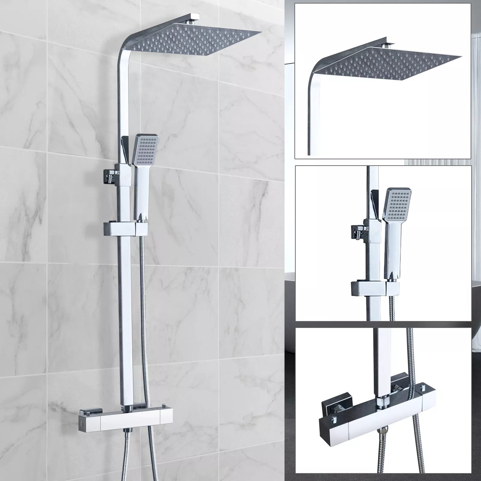 Aquari Premium Chrome Thermostatic Shower Set – Square Twin Head with Adjustable Rail