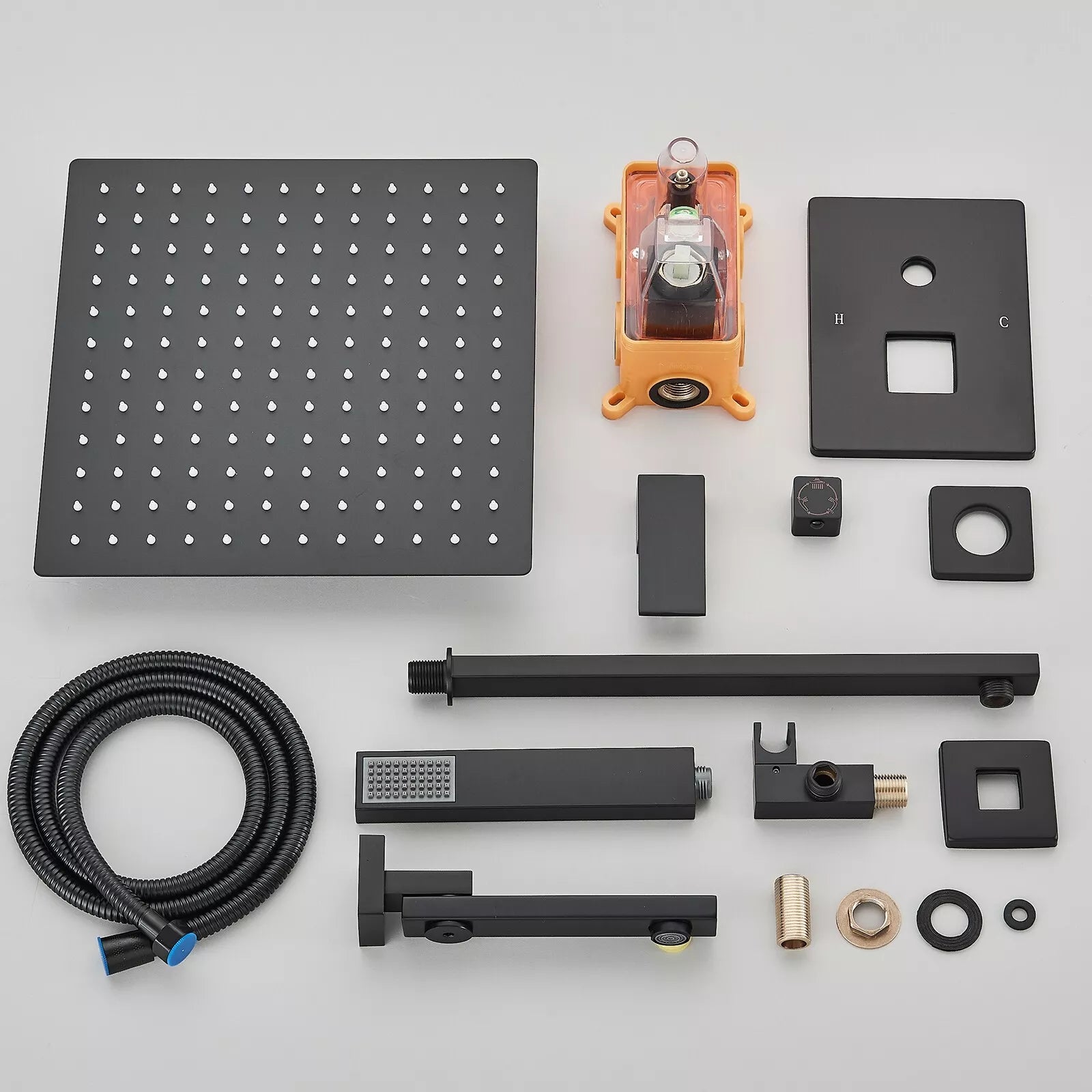 Aquari Matte Black Concealed 3-Way Shower Set – 40cm Square Rainfall Head, Handheld & Spout