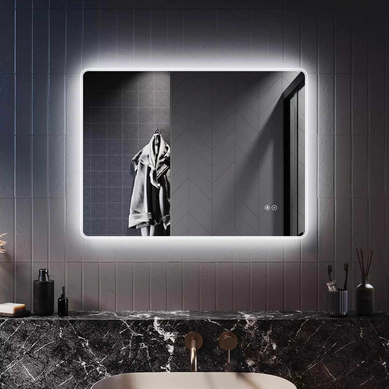 Velora HarmonyTone 800x600mm LED Mirror – Tri-Colour Light, Bluetooth Speakers, Shaver Socket, Touch Sensor, Vertical or Horizontal