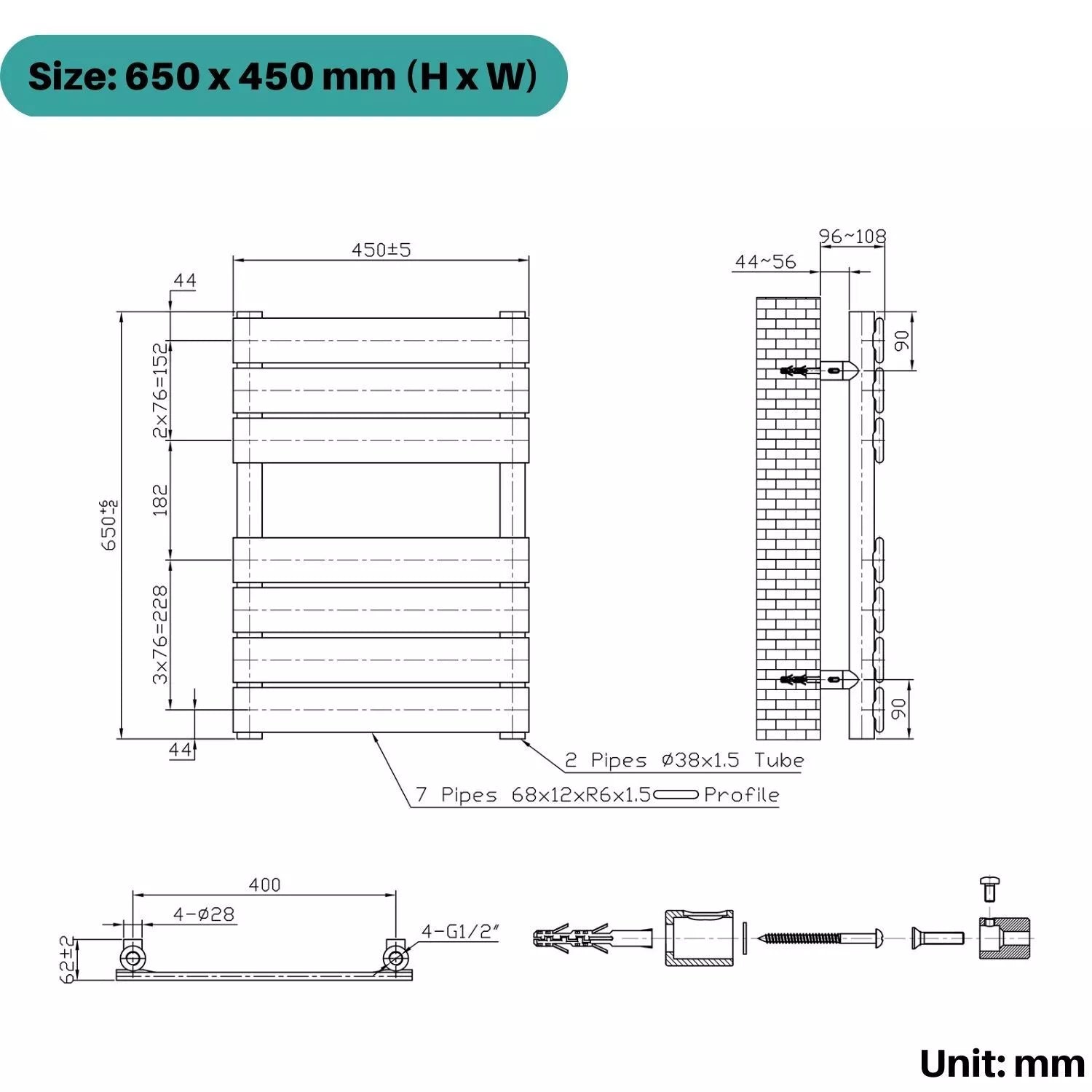 Arvani 650x450mm Black Heated Towel Rail – Flat Panel, Vertical Mount, Matt Finish