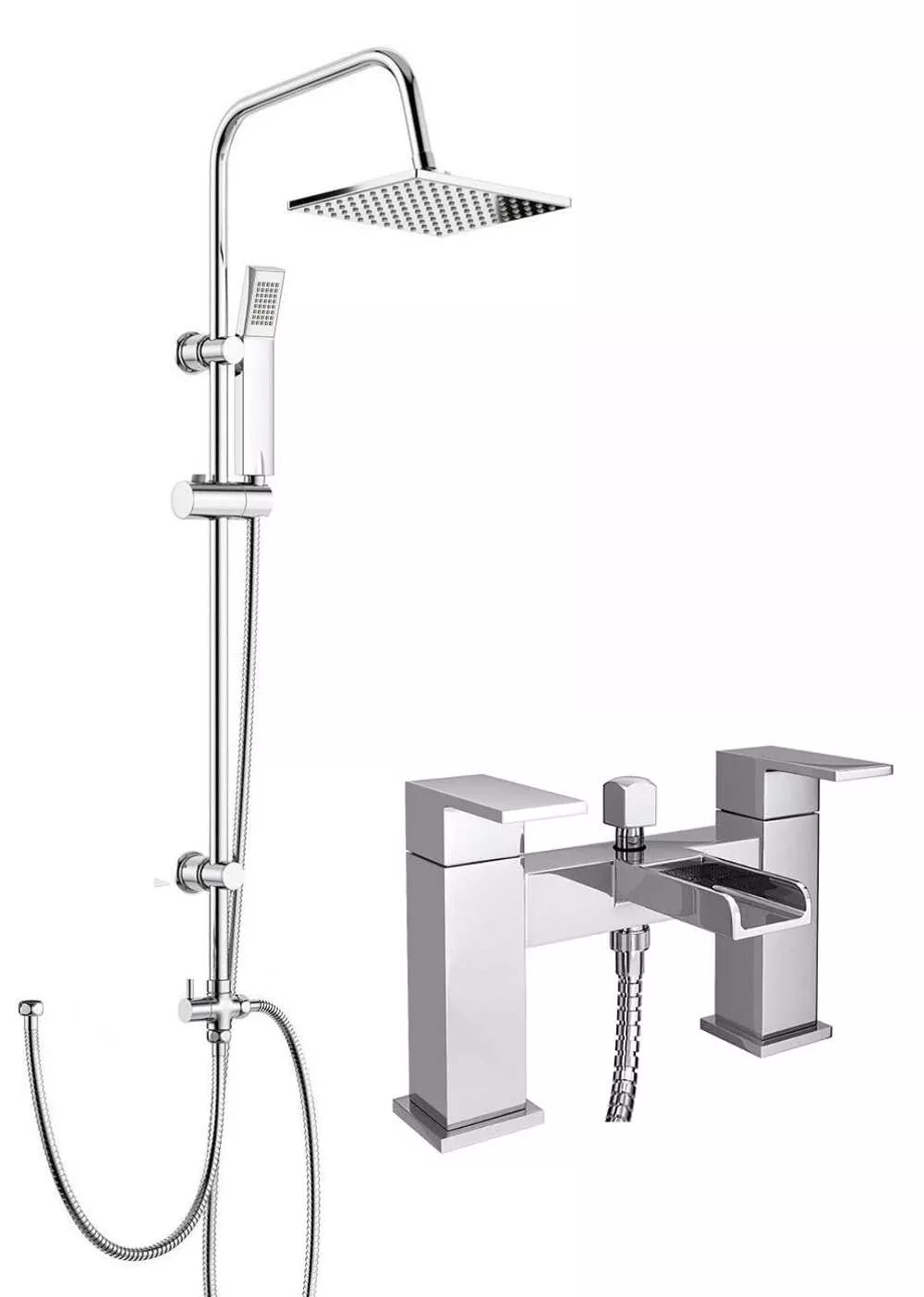 Aquari Chrome Square Shower Mixer Waterfall Tap Kit with Riser Rail – Twin Head Set