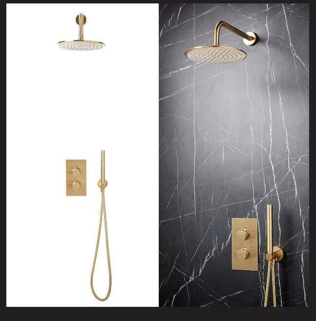 Apres Brushed Brass Concealed Thermostatic Shower Set – Round Overhead, Handset Rail & Dual Handle Mixer Valve