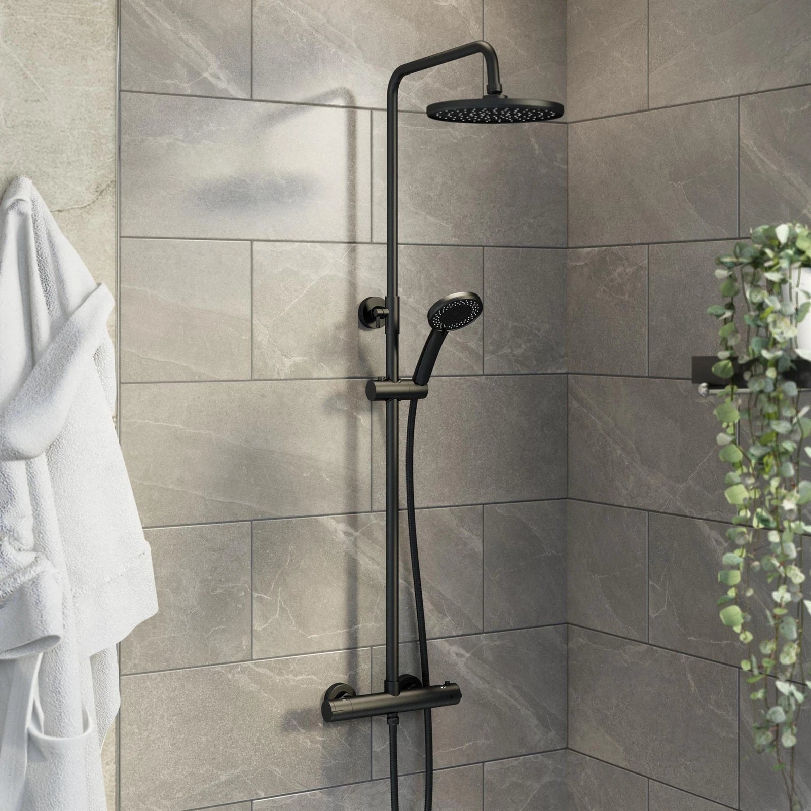 Aquari Black Thermostatic Shower Set – 228mm Round Rainfall Head & Handset, Dual Outlet Mixer