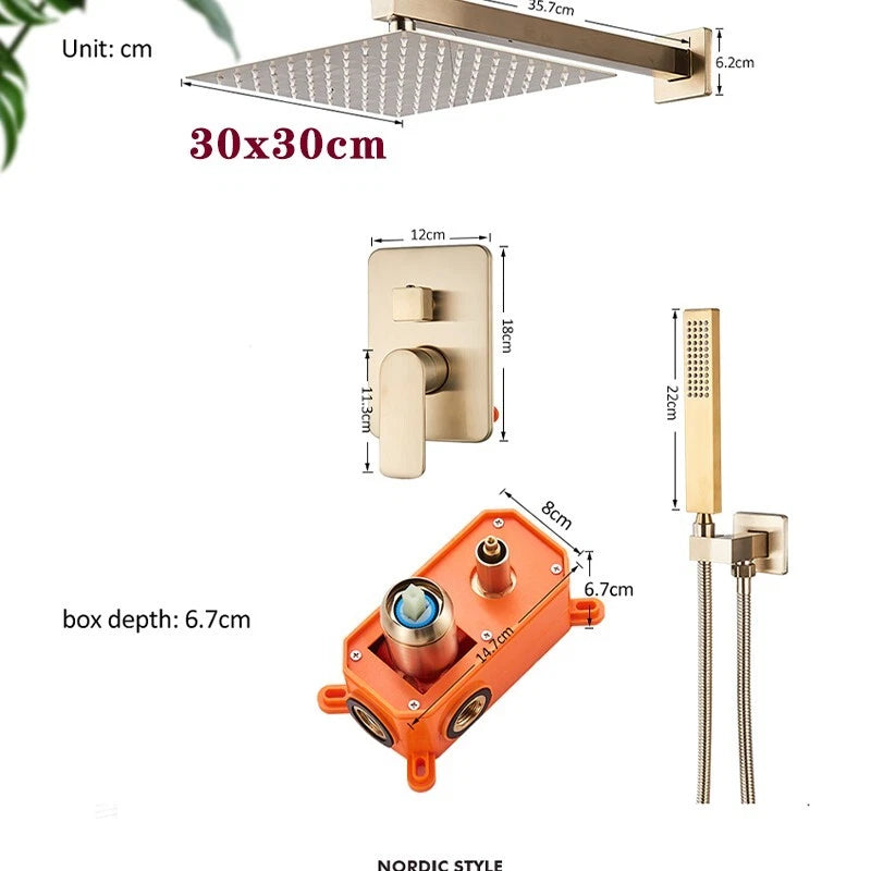 Aquari Brushed Gold Concealed Thermostatic Shower Set – 2-Way Mixer Valve with 300mm Square Head & Handset