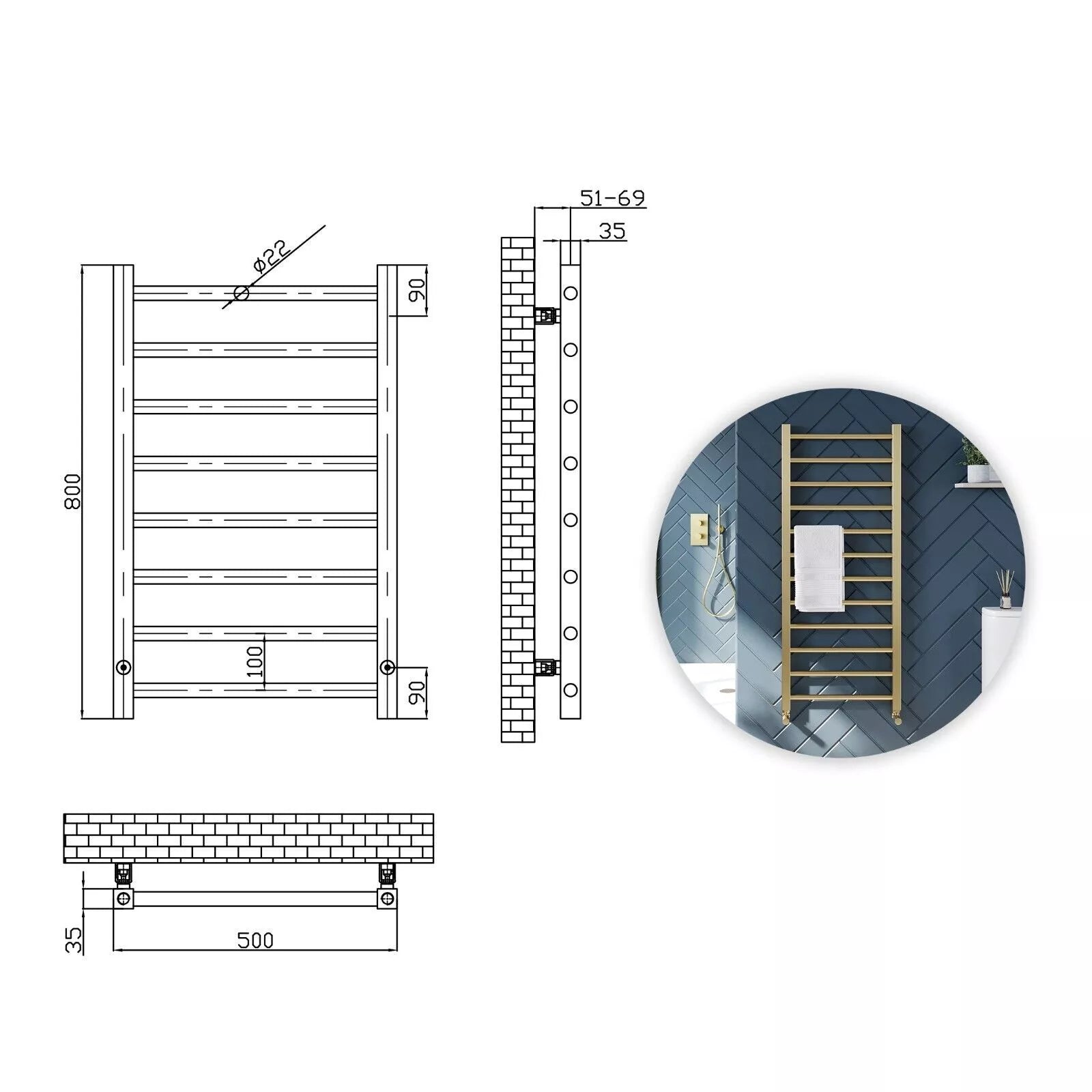 Velora Round Designer Gold Heated Towel Rail 800x500mm – Wall-Mounted Radiator