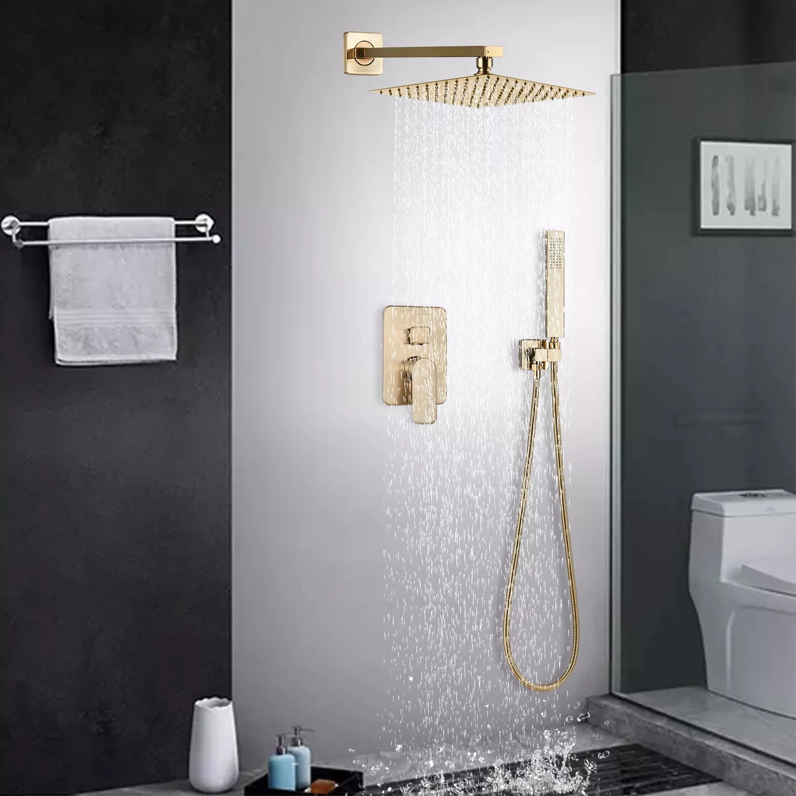 Aquari Brushed Gold Concealed Thermostatic Shower Set – 2-Way Mixer Valve with 300mm Square Head & Handset