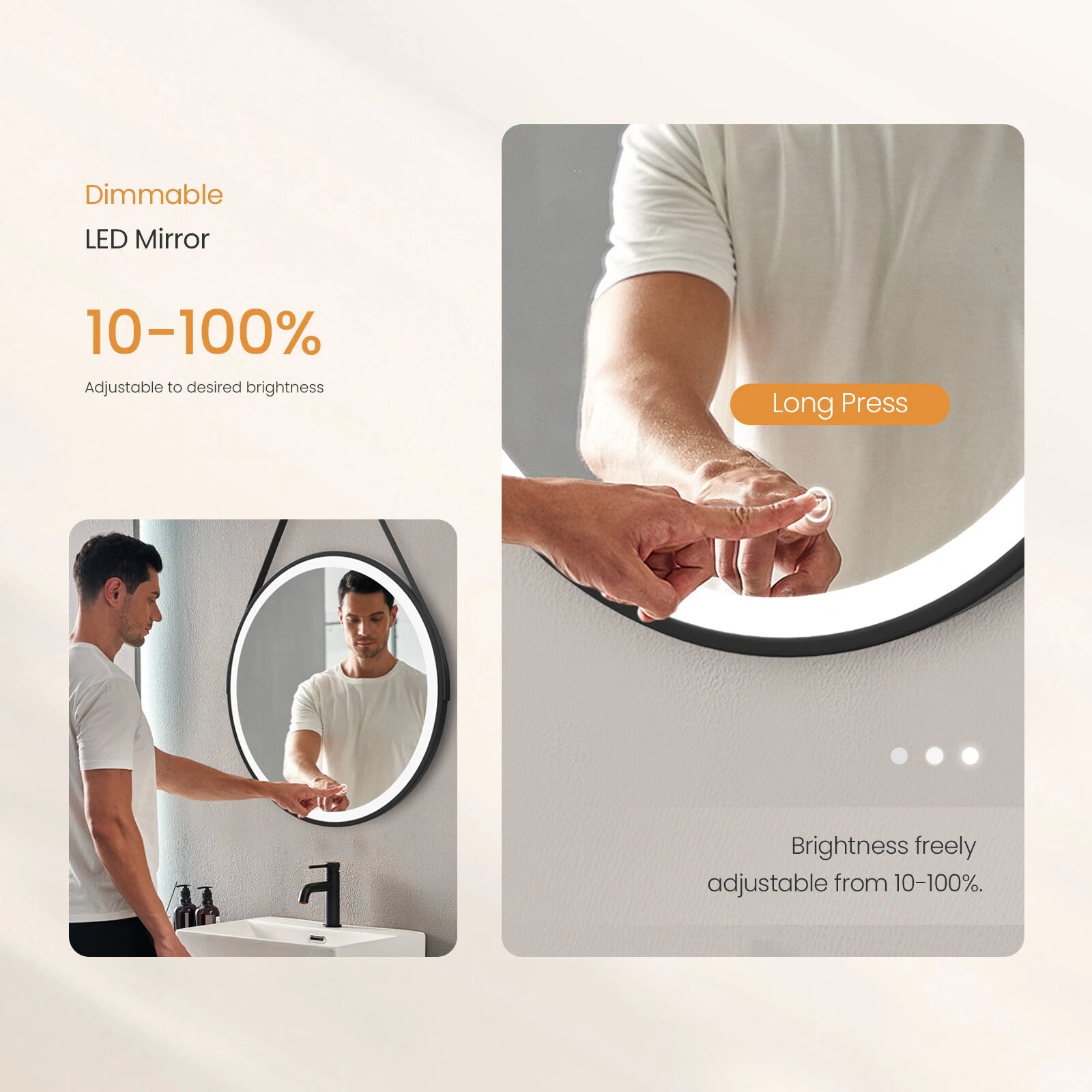 Arctiq 500mm Round LED Mirror – Cool White Light, Dimmable, Touch Sensor, Black Frame with Hanging Strap