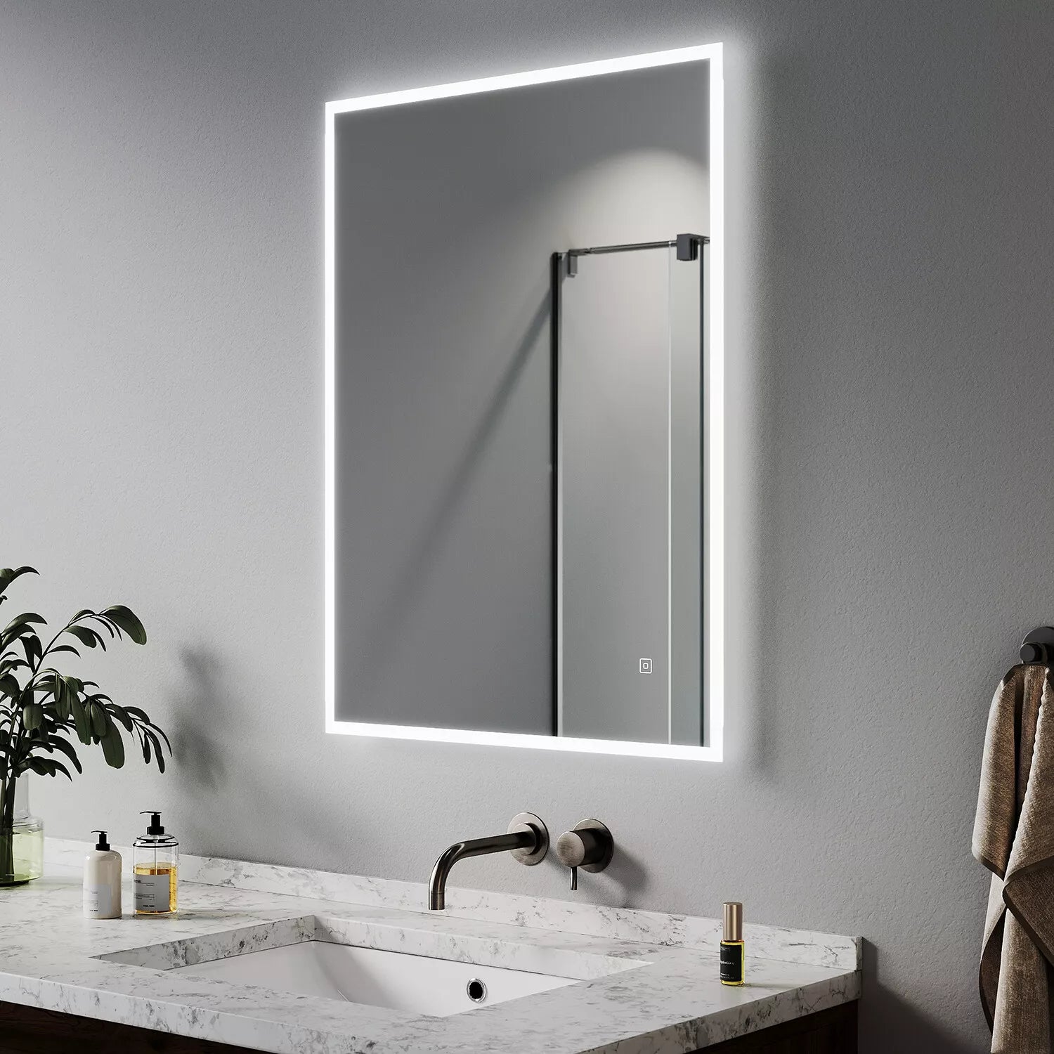 Luxore 600x800mm LED Mirror – Framed Backlit Design, Tri-Colour Dimmable Light, Shaver Socket, Demister Pad, Vertical/Horizontal