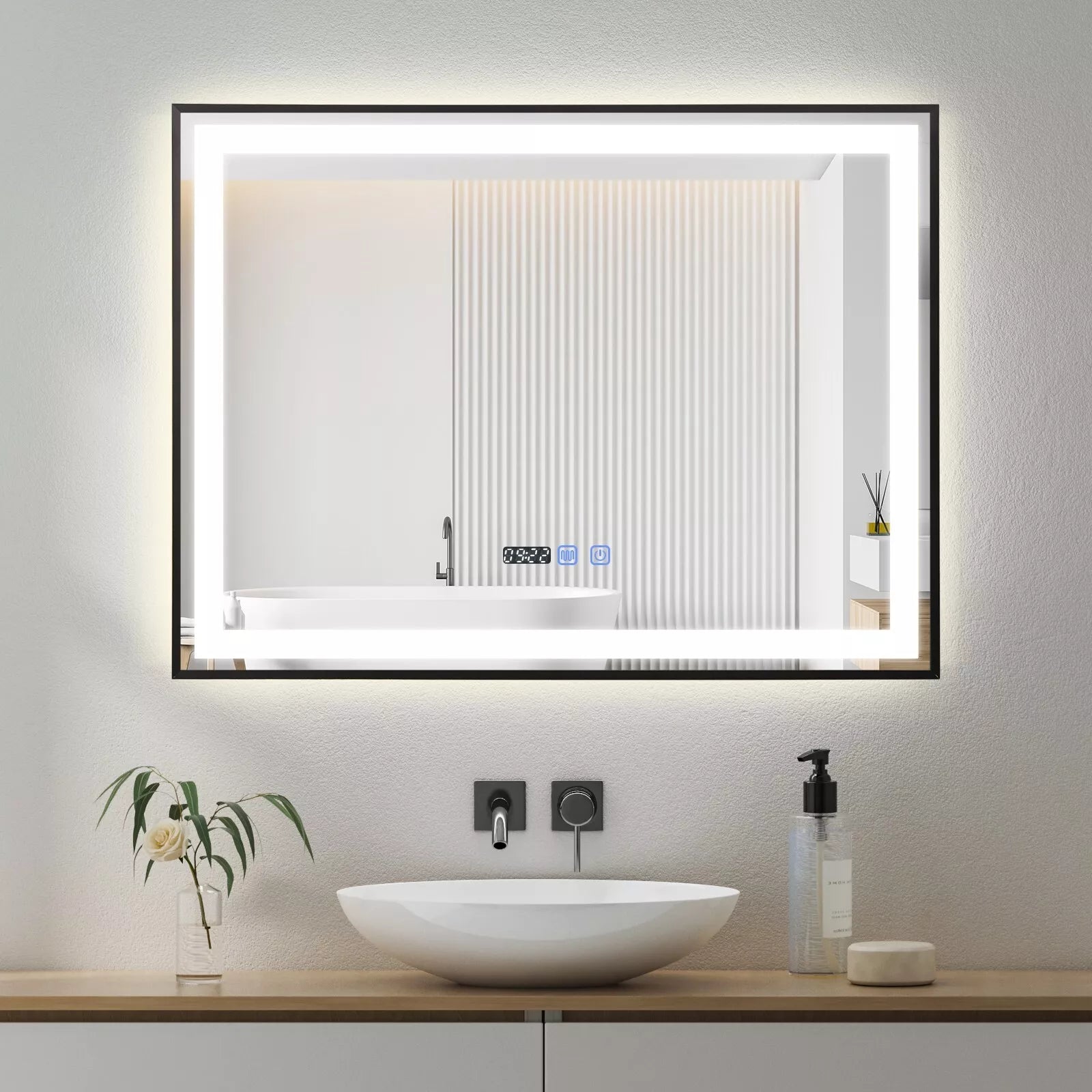 Auralux 800x600mm LED Mirror – Black Frame, Tri-Colour Light, Demister, Dimmable, Time Display, Touch Sensor, IP44 Rated