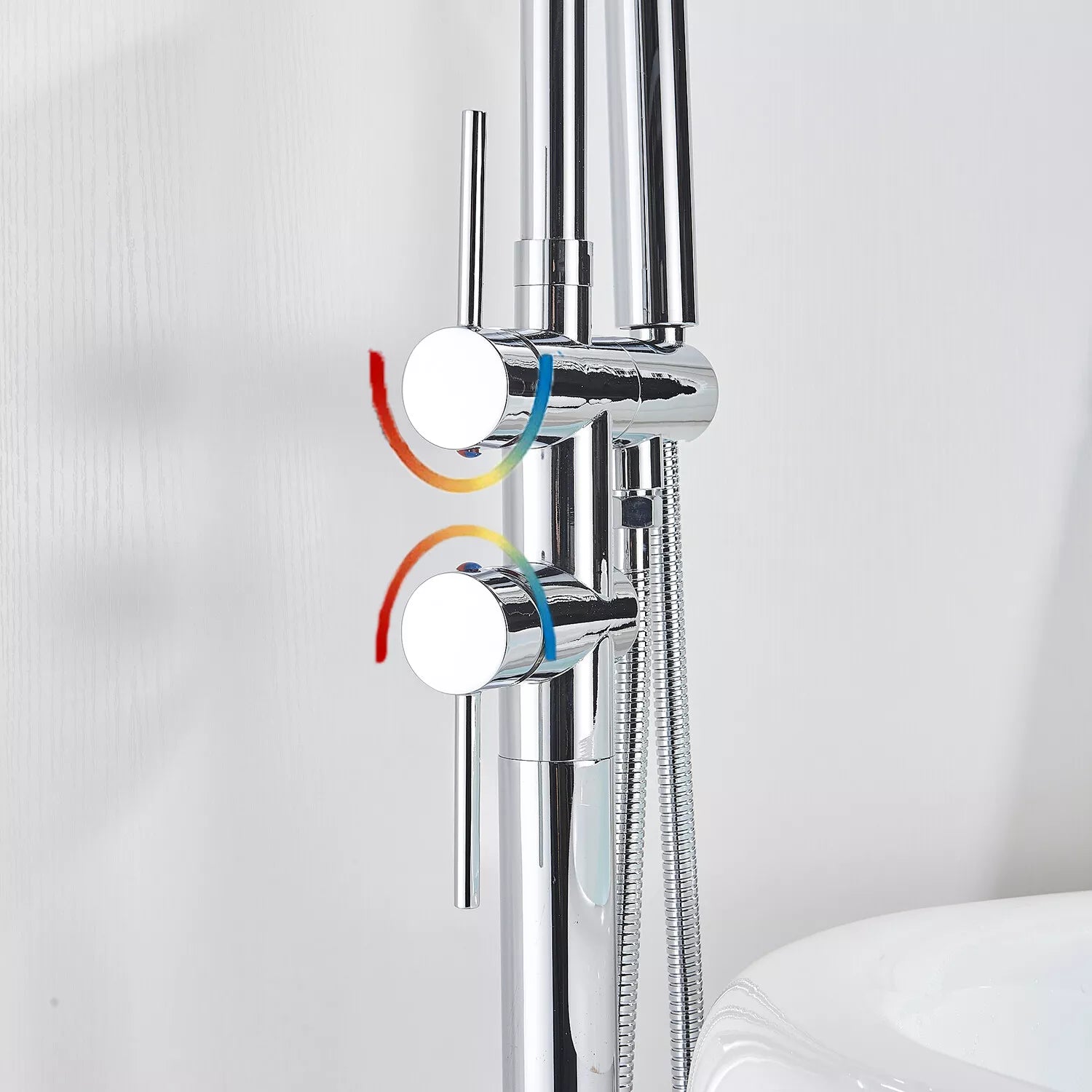 Drexon Chrome Round Freestanding Bath Mixer Tap with Hand Shower – Dual Handle Floor Standing Filler