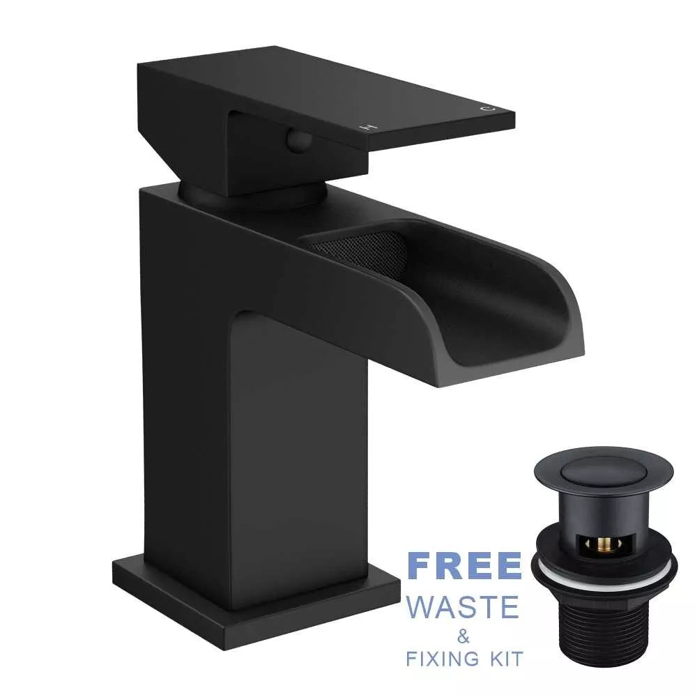 Velora Matt Black Waterfall Basin Mixer Tap with Free Waste – Single Lever