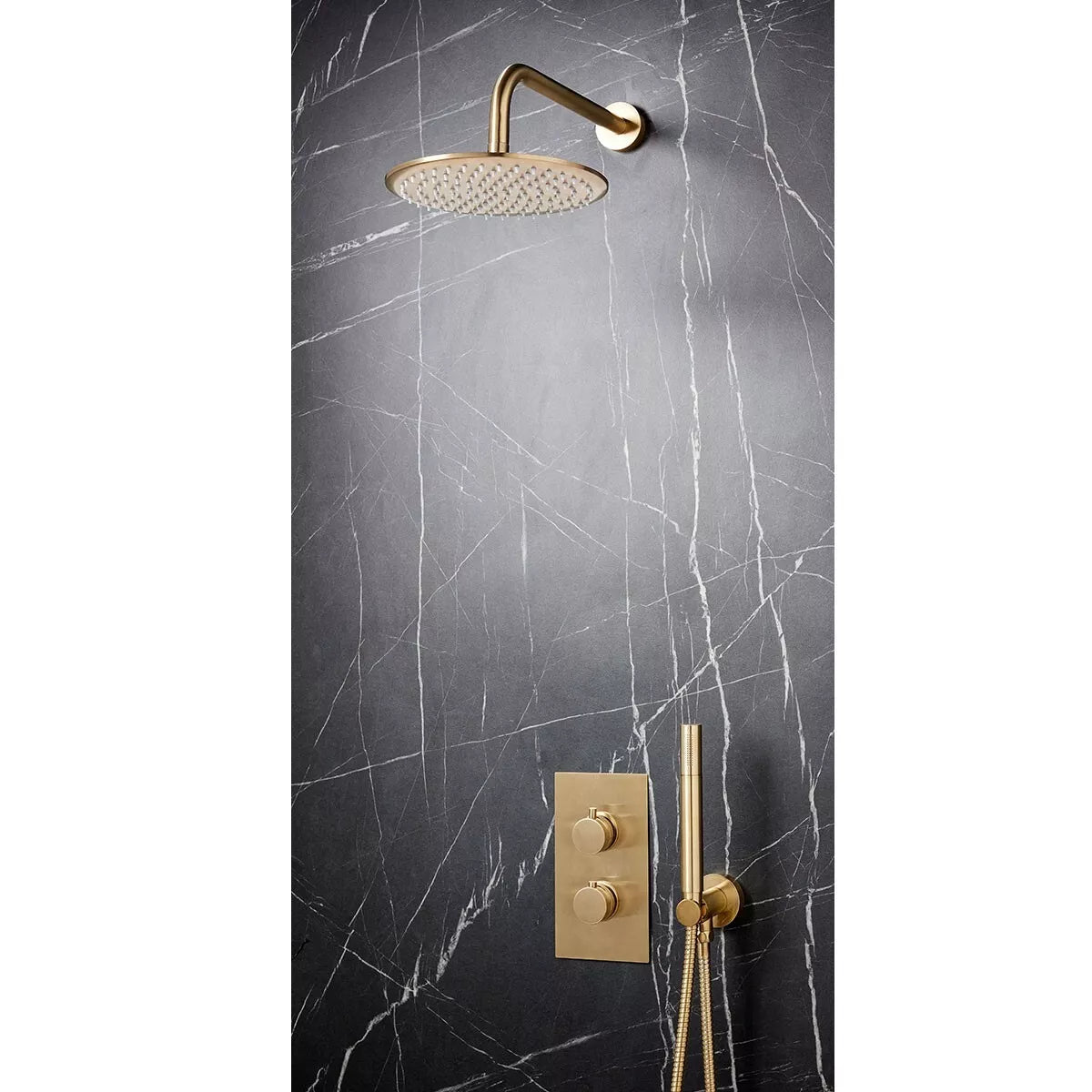 Apres Brushed Brass Concealed Thermostatic Shower Set – Round Overhead, Handset Rail & Dual Handle Mixer Valve
