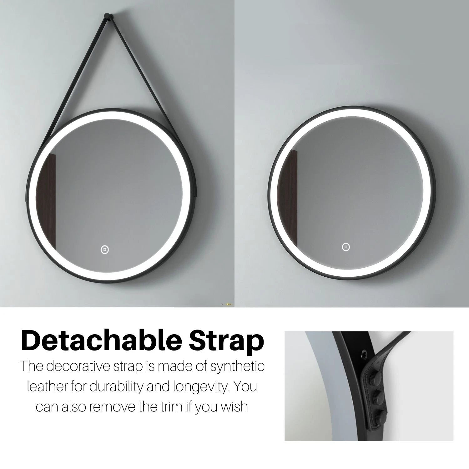Arctiq 500mm Round LED Mirror – Cool White Light, Dimmable, Touch Sensor, Black Frame with Hanging Strap