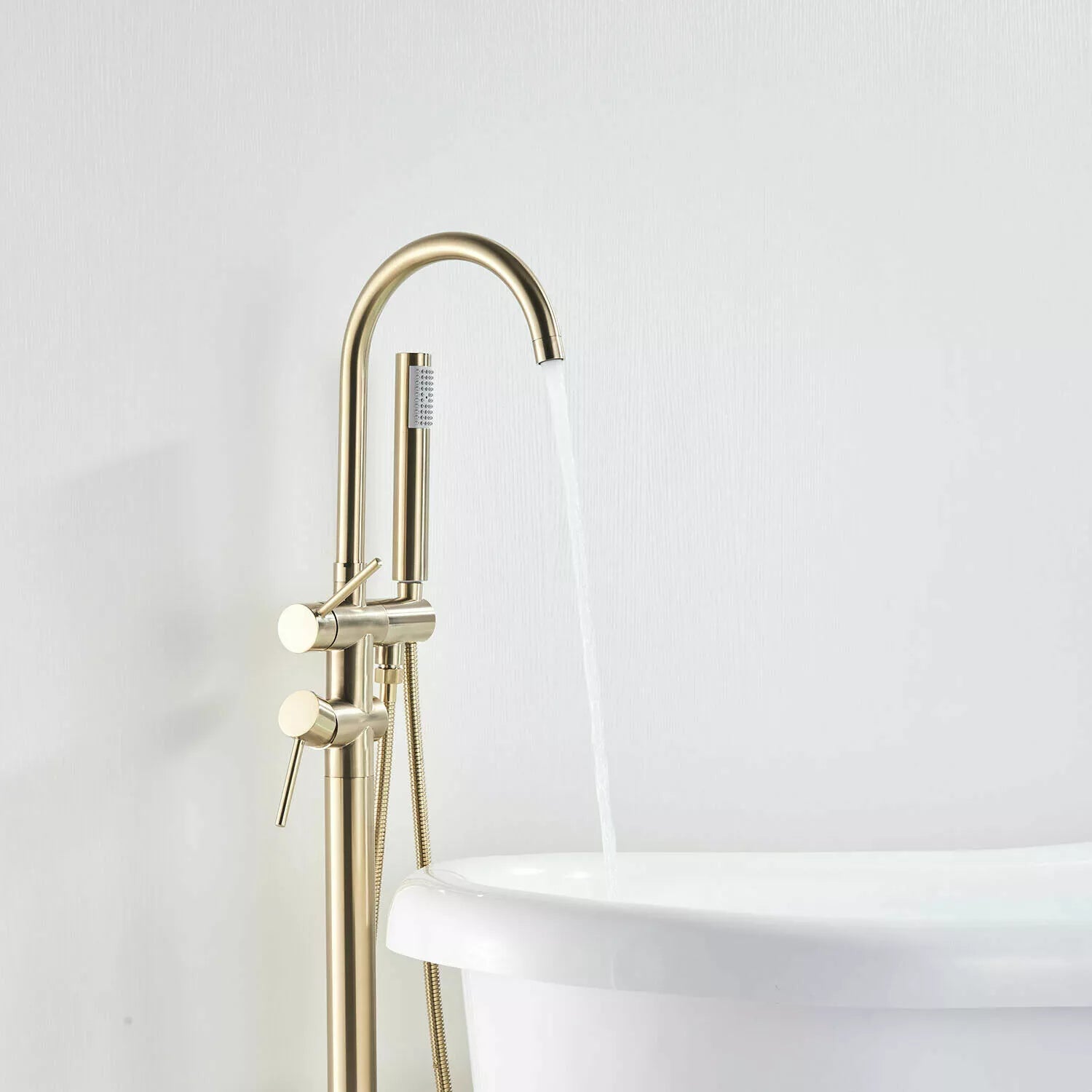 Aquari Brushed Gold Round Freestanding Bath Shower Mixer Tap with Handheld – Floor Mounted