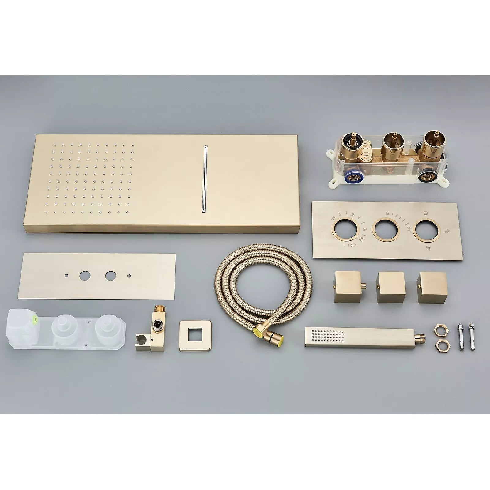 Aquari Brushed Gold Thermostatic Concealed Shower Mixer Set – 3-Way Wall-Mounted Valve with Square Heads