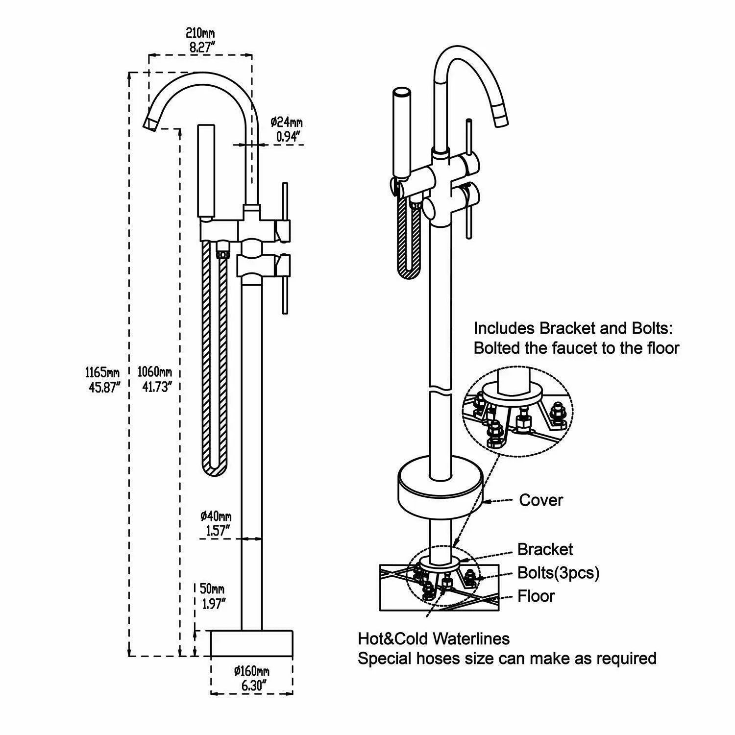 Aquari Brushed Gold Round Freestanding Bath Shower Mixer Tap with Handheld – Floor Mounted