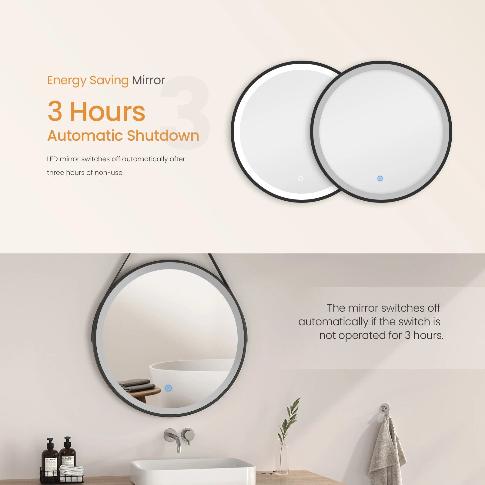 Arctiq 500mm Round LED Mirror – Cool White Light, Dimmable, Touch Sensor, Black Frame with Hanging Strap
