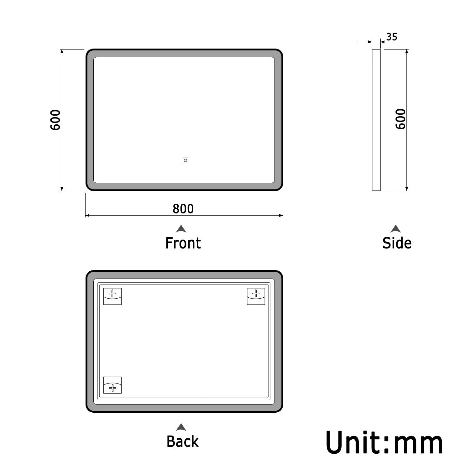 Luxore 800x600mm Black Frame LED Mirror – Tri-Colour Dimmable Light, Touch Control, Demister Pad, Horizontal Mount