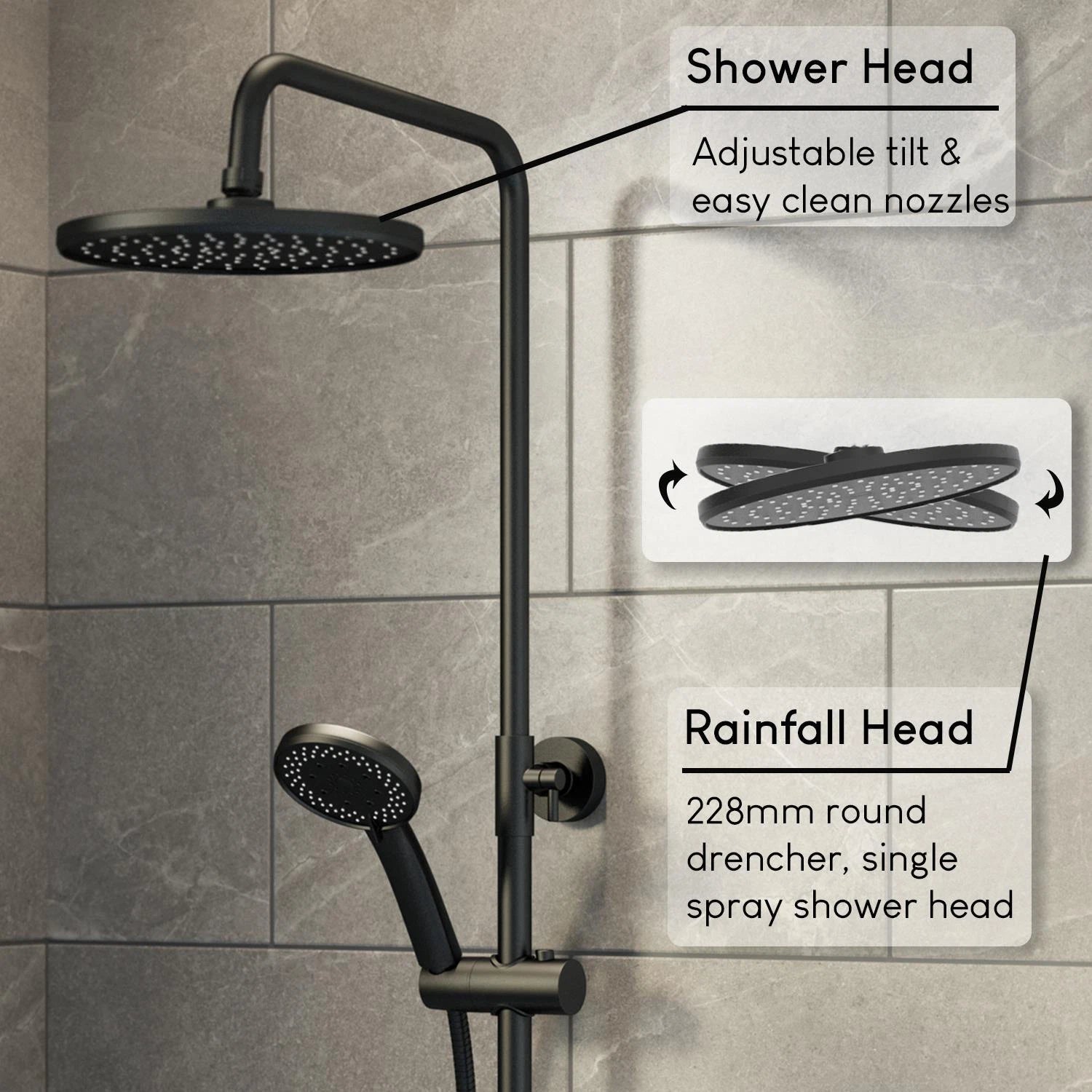 Aquari Black Thermostatic Shower Set – 228mm Round Rainfall Head & Handset, Dual Outlet Mixer