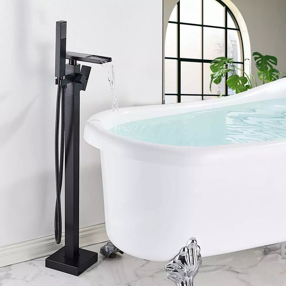 Drexon Black Square Waterfall Freestanding Bath Mixer Tap with Handheld Shower – Floor Mounted