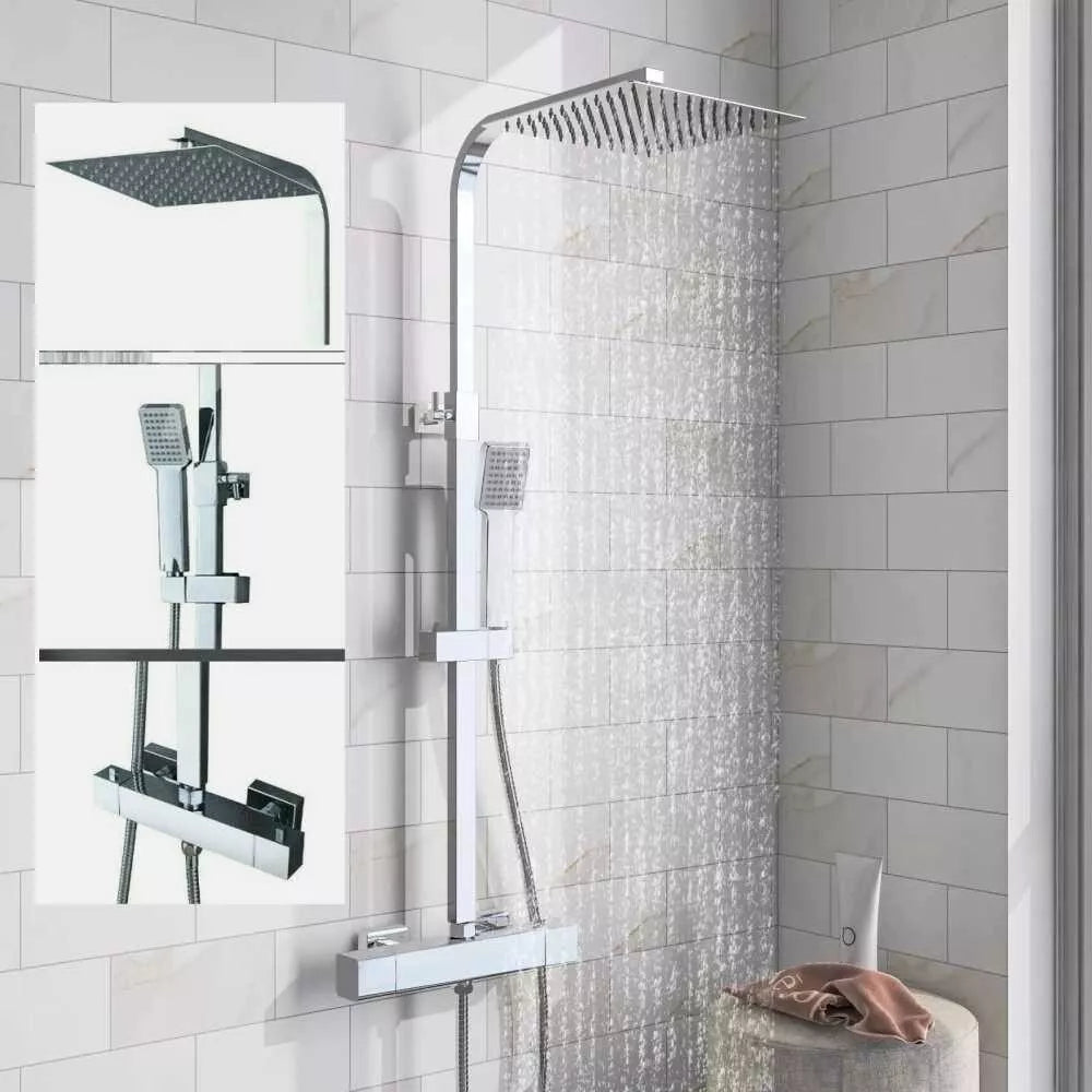Artiq Streamline 300mm Chrome Thermostatic Shower Set – Twin Head Rainfall & Handheld, Anti-Scald Bar Valve, Adjustable Rail