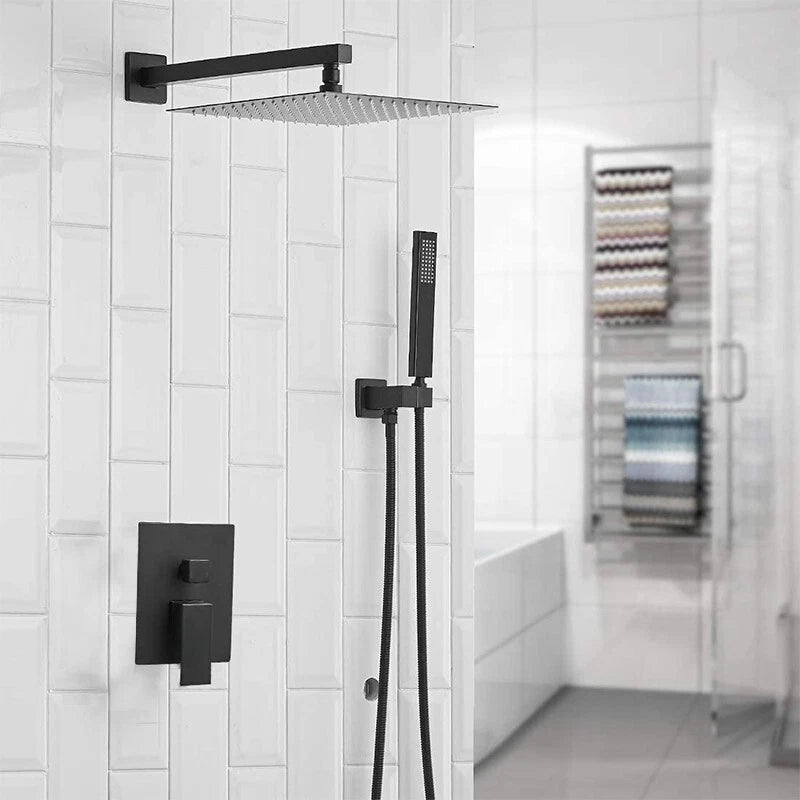 Drexon Black Concealed Shower Mixer Set – Square Rain Head & Handheld, Thermostatic Valve, Matte Finish