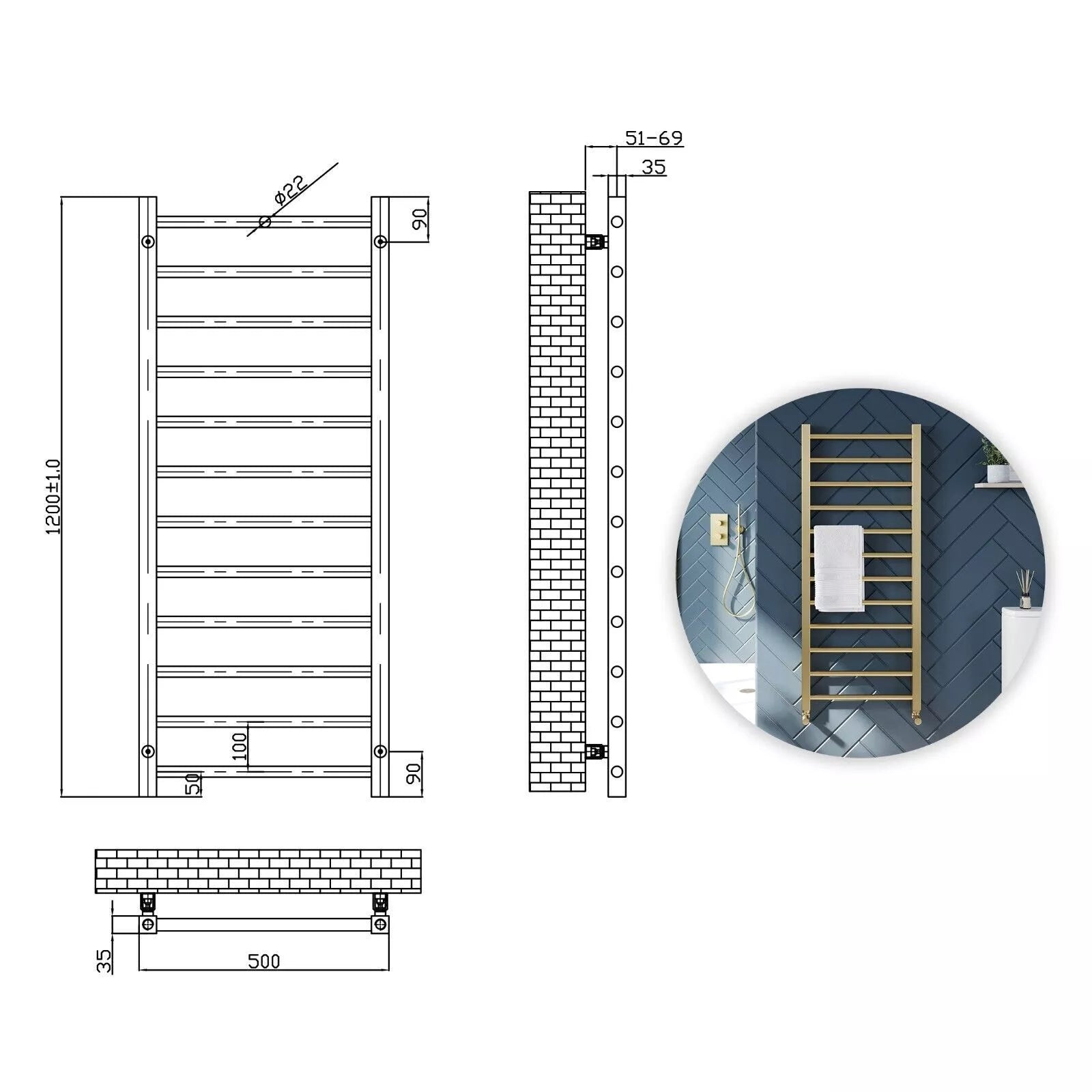 Velora Round Designer Gold Heated Towel Rail 1200x500mm – Wall-Mounted Radiator