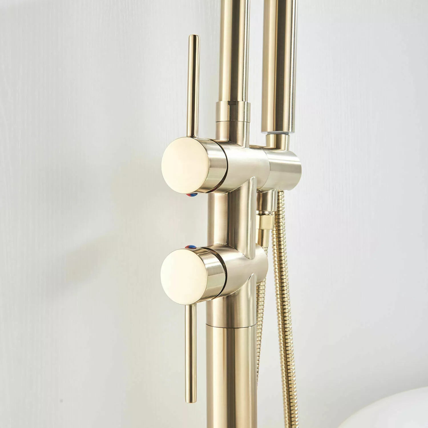 Aquari Brushed Gold Round Freestanding Bath Shower Mixer Tap with Handheld – Floor Mounted