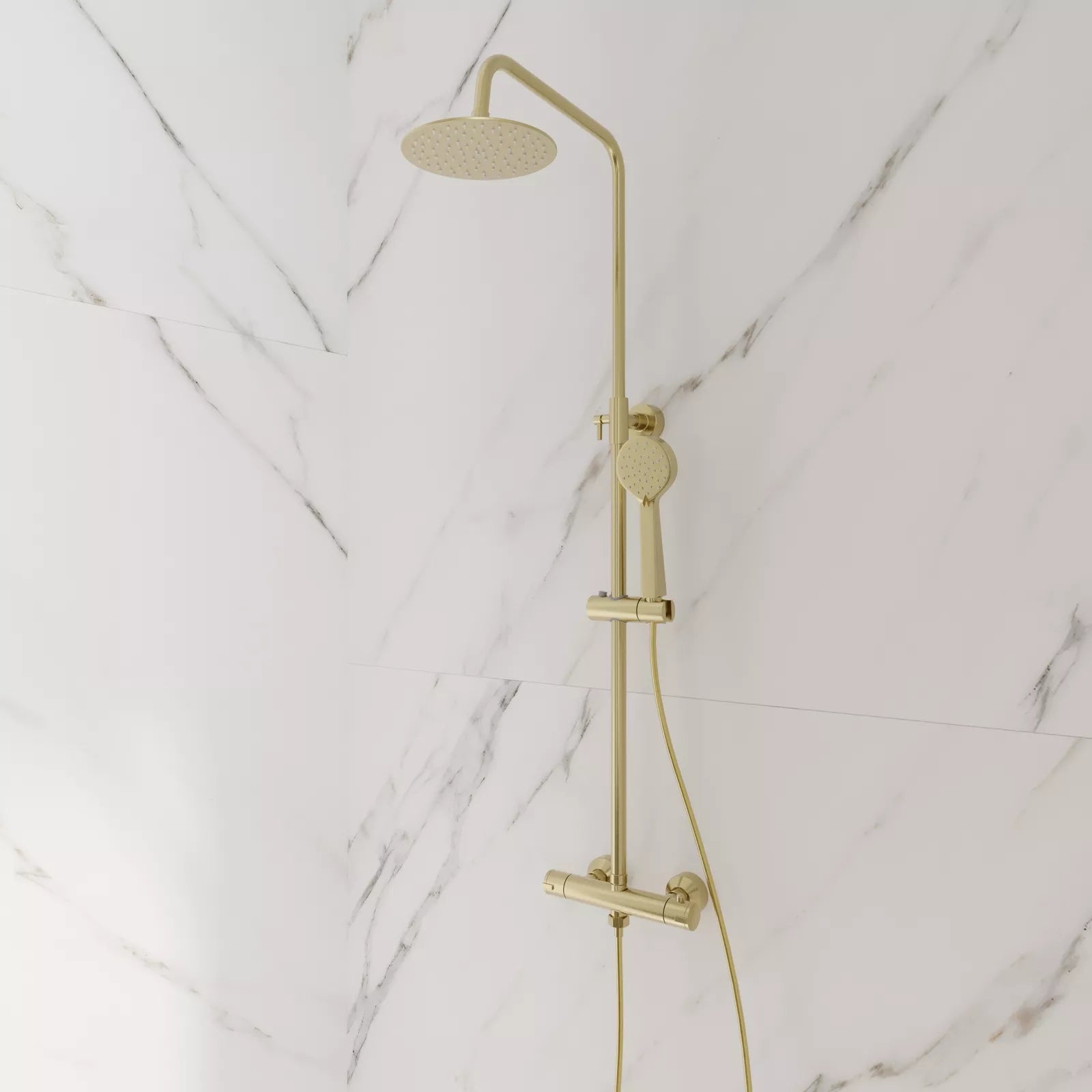 Aquari Brushed Brass Round Thermostatic Shower Set – Fixed Head & Handheld Kit