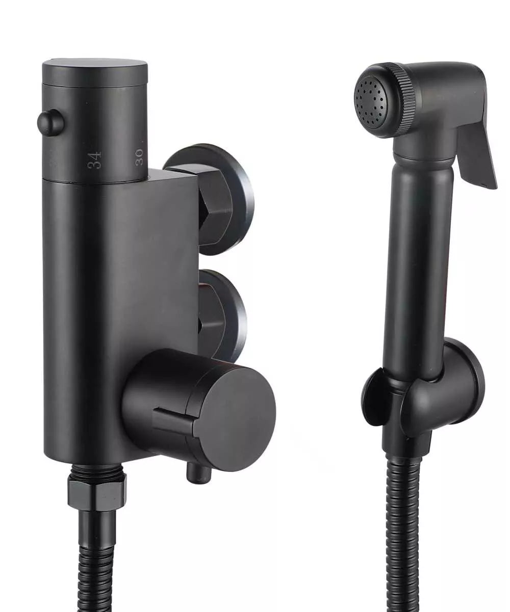Velora Thermostatic Bidet Douche Spray Kit – Matt Black Brass Shattaf Handheld with Hose & Wall