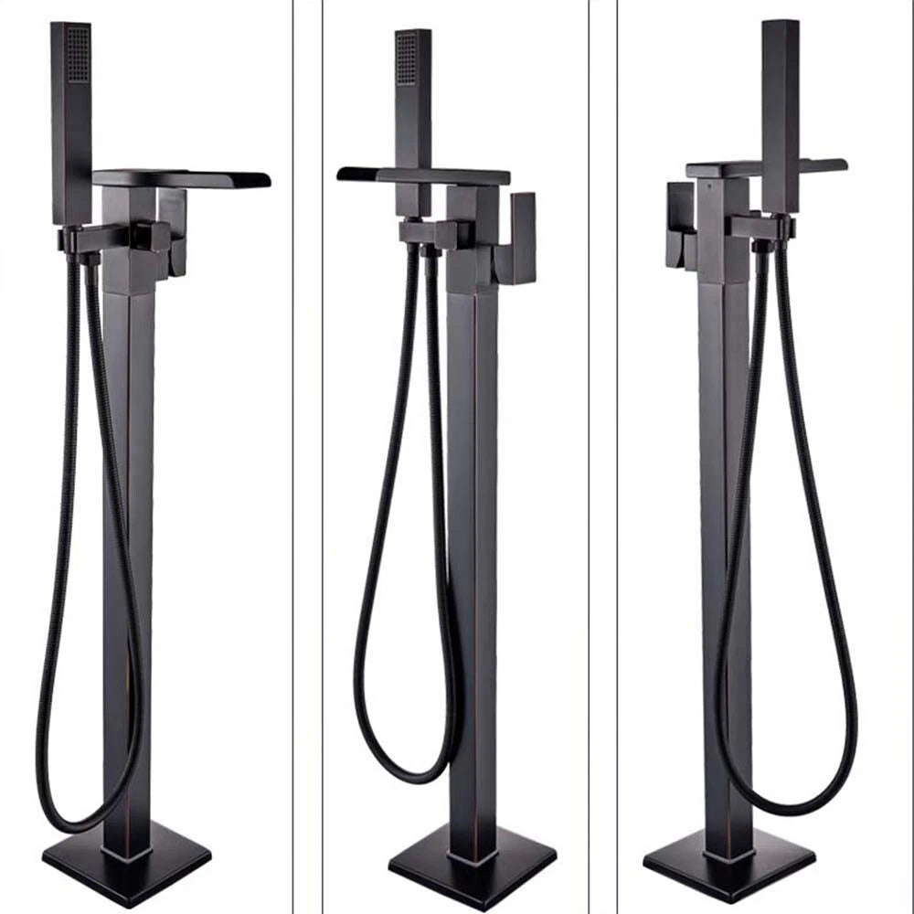 Drexon Black Square Waterfall Freestanding Bath Mixer Tap with Handheld Shower – Floor Mounted
