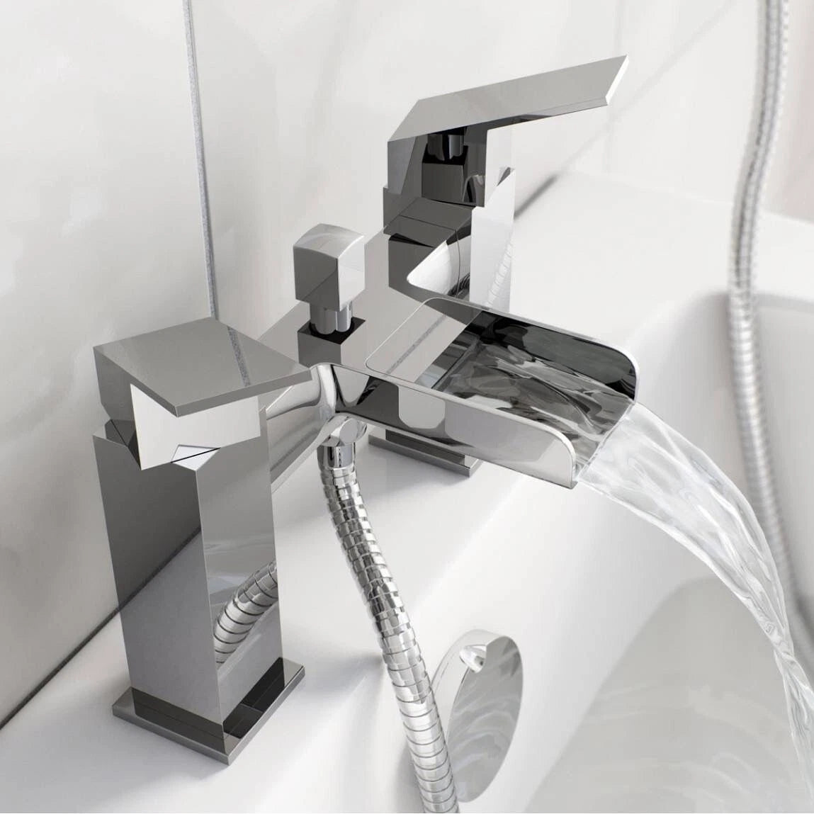 Aquari Chrome Square Shower Mixer Waterfall Tap Kit with Riser Rail – Twin Head Set