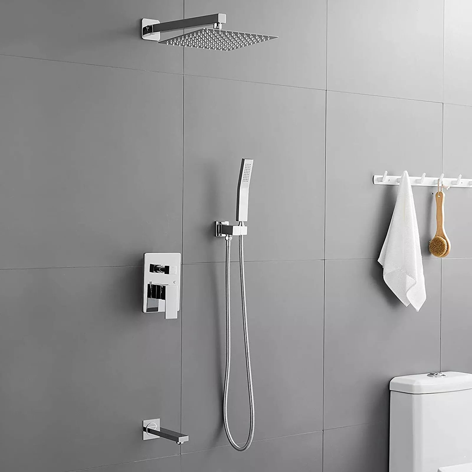 Aquari Chrome Concealed 3-Way Shower Set with 16" Square Rainfall Head & Twin Outlet
