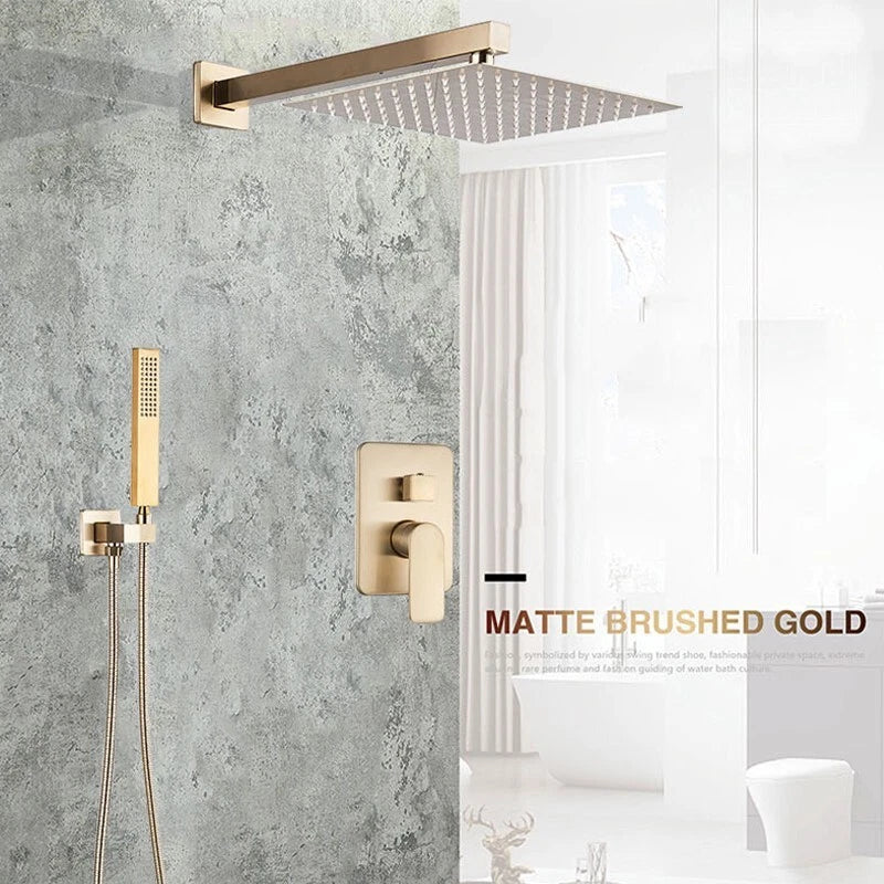 Aquari Brushed Gold Concealed Thermostatic Shower Set – 2-Way Mixer Valve with 300mm Square Head & Handset