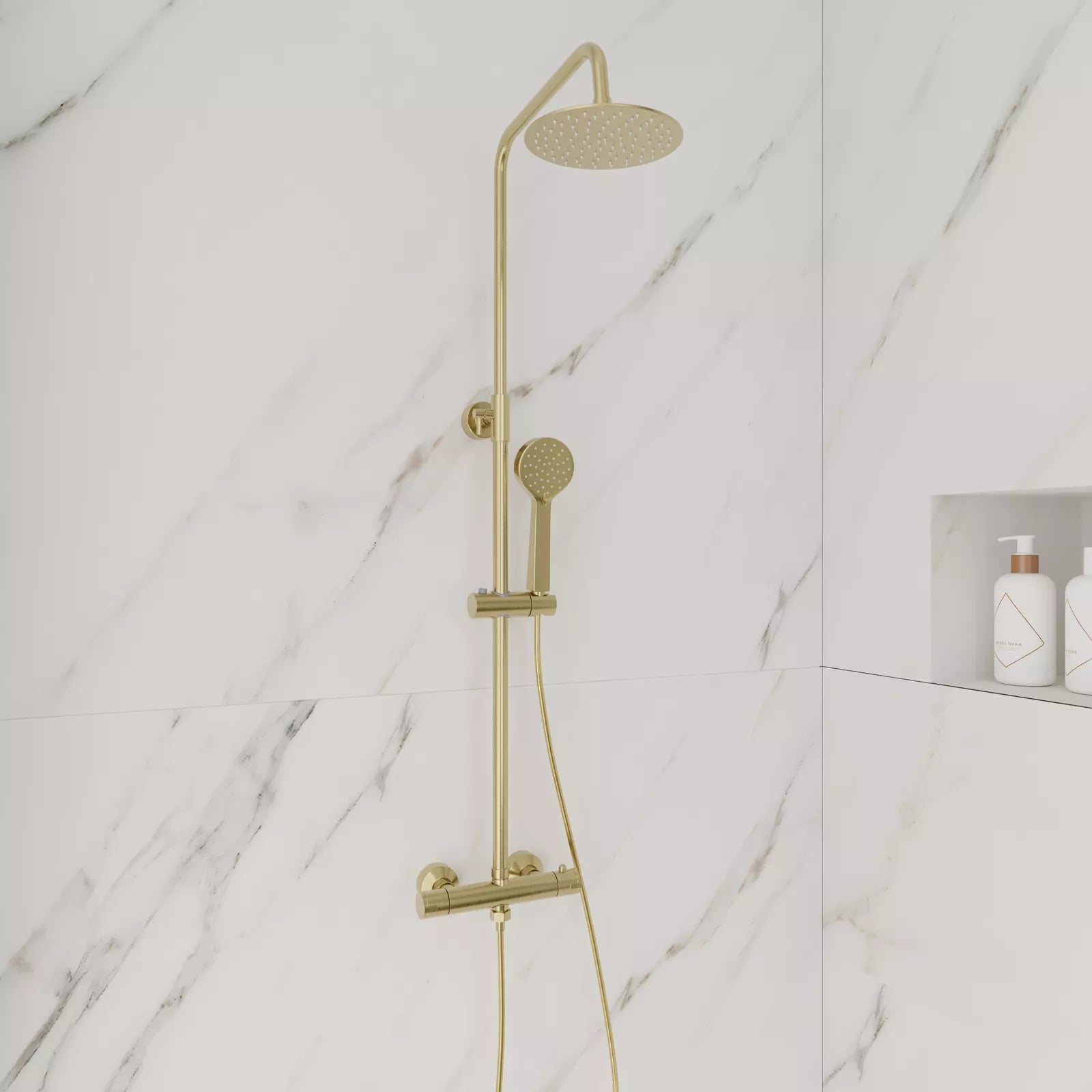 Aquari Brushed Brass Round Thermostatic Shower Set – Fixed Head & Handheld Kit