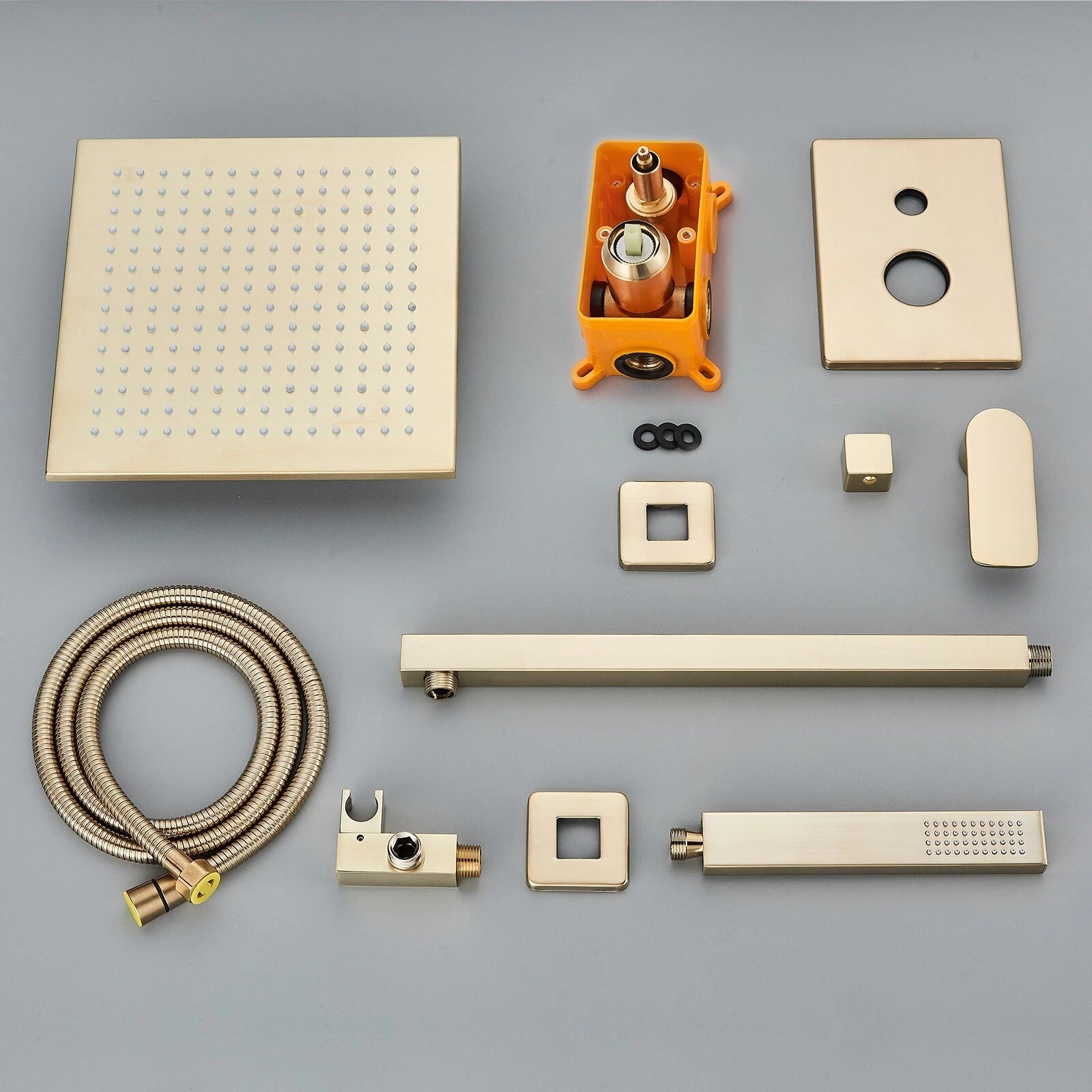 Aquari Brushed Gold Concealed Thermostatic Shower Set – 2-Way Mixer Valve with 300mm Square Head & Handset