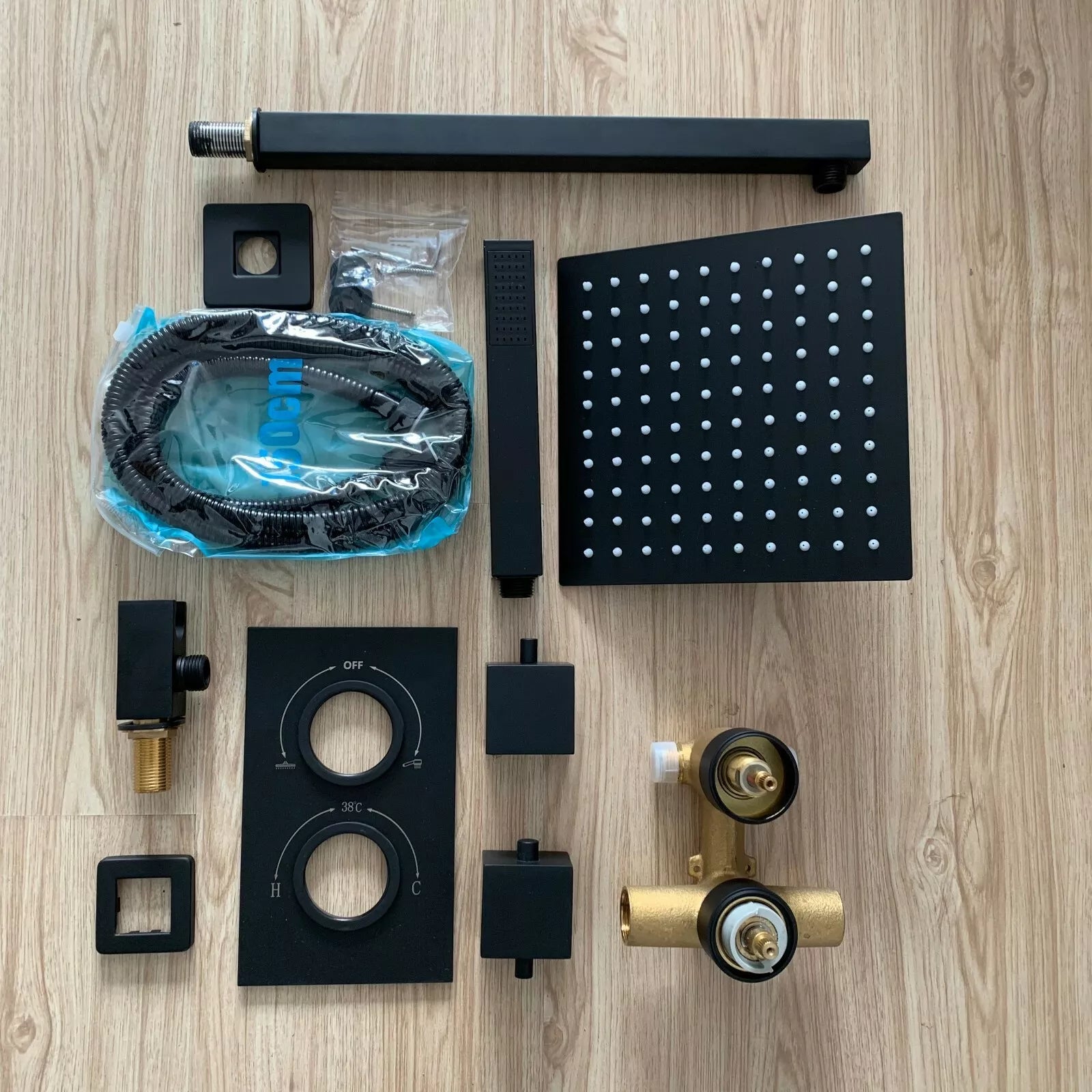 Aquari Concealed Matte Black Thermostatic Shower Set – Square Rainfall Head, Handset & 2-Way Mixer Valve