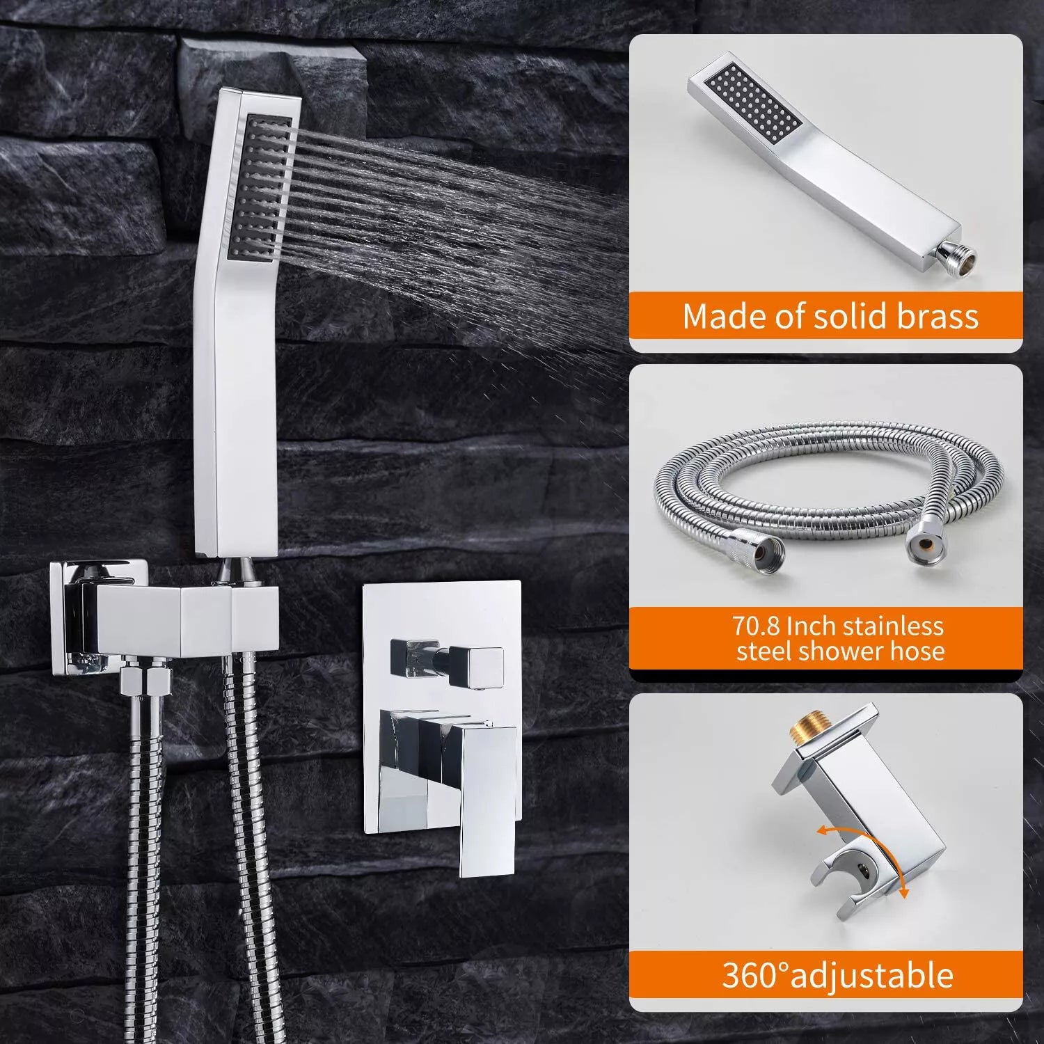 Aquari Chrome Concealed 3-Way Shower Set with 16" Square Rainfall Head & Twin Outlet