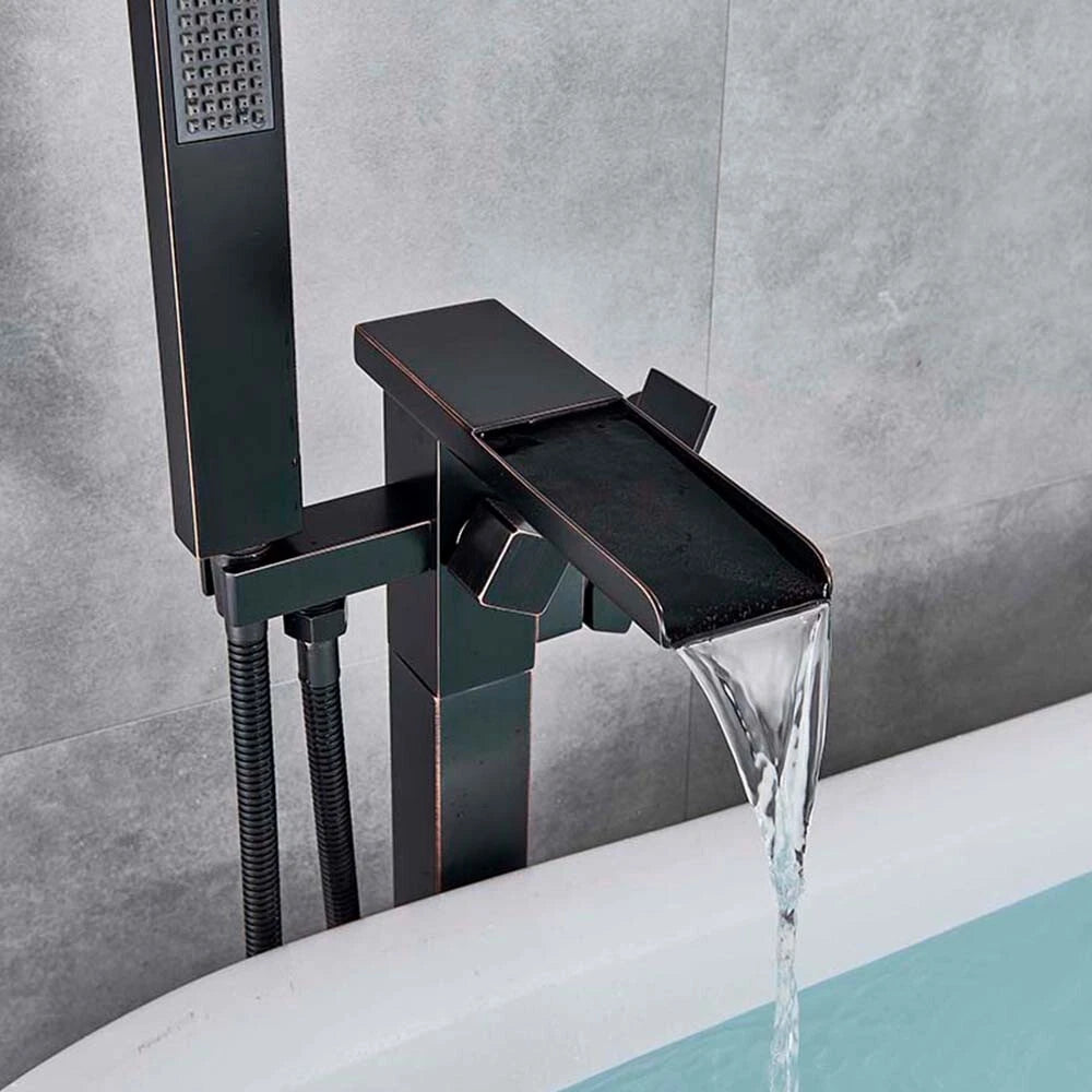 Drexon Black Square Waterfall Freestanding Bath Mixer Tap with Handheld Shower – Floor Mounted