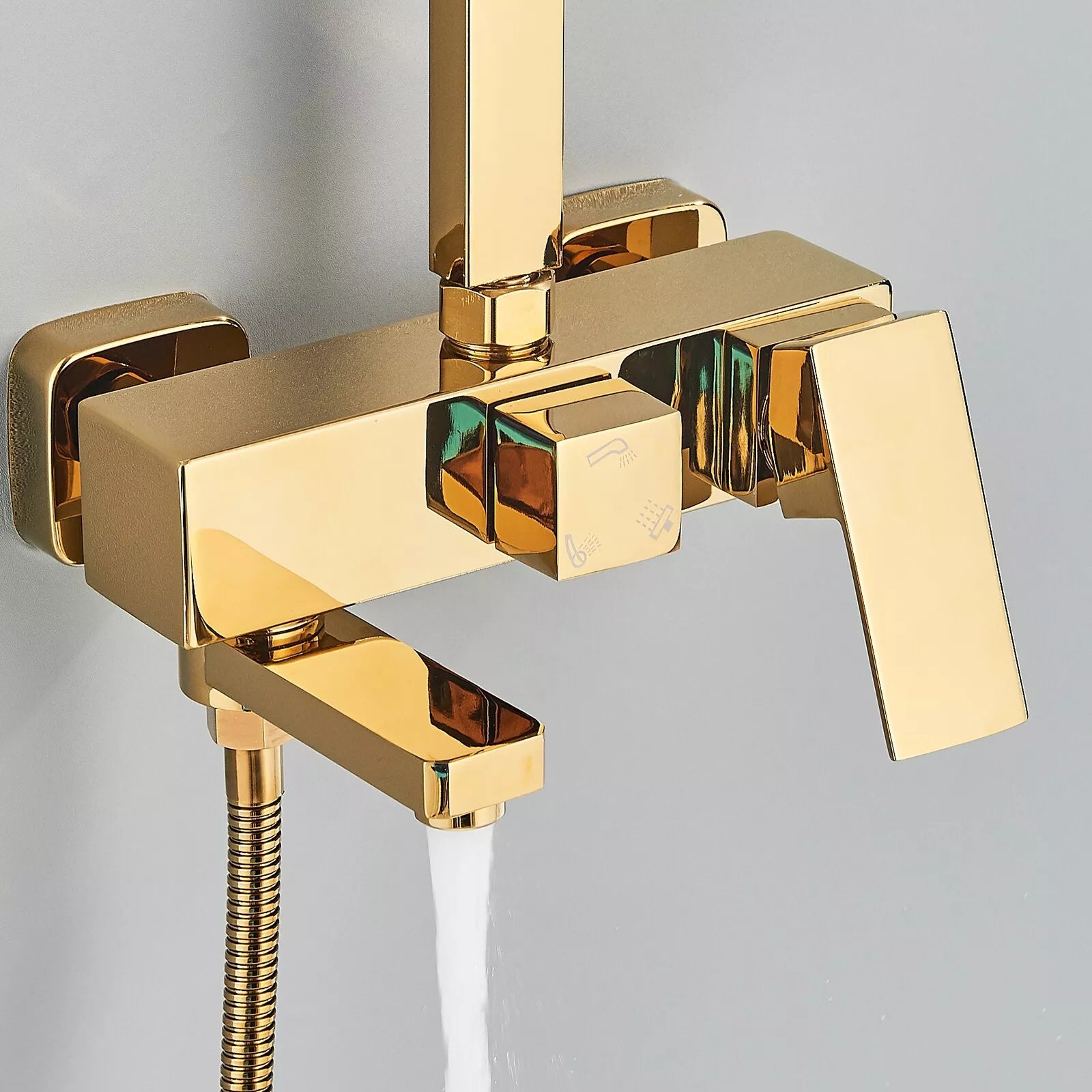 Aquari Gold Thermostatic Shower Set with Bath Filler – Twin Square Head & Mixer Valve, Wall Mounted