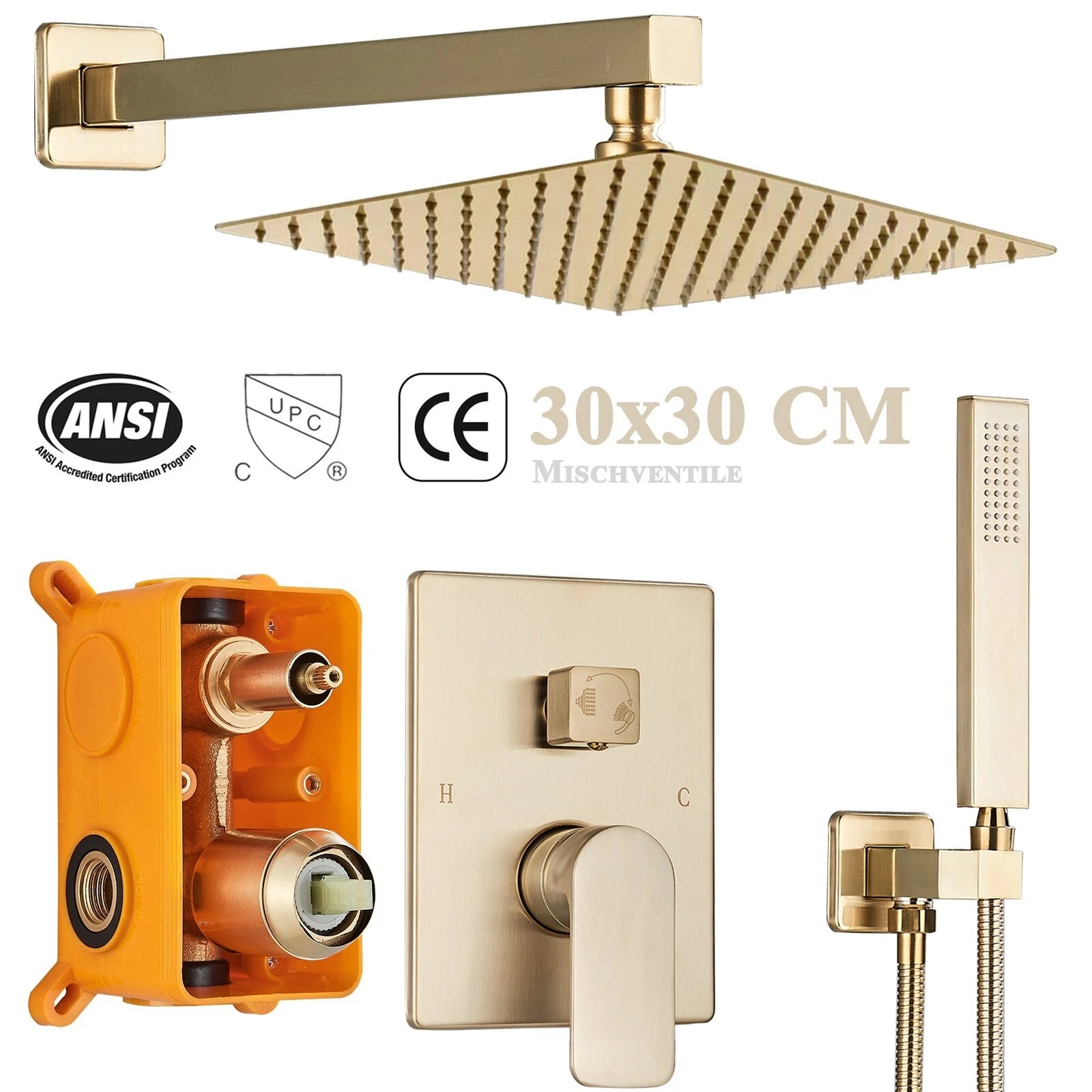 Aquari Brushed Gold Concealed Thermostatic Shower Set – 2-Way Mixer Valve with 300mm Square Head & Handset